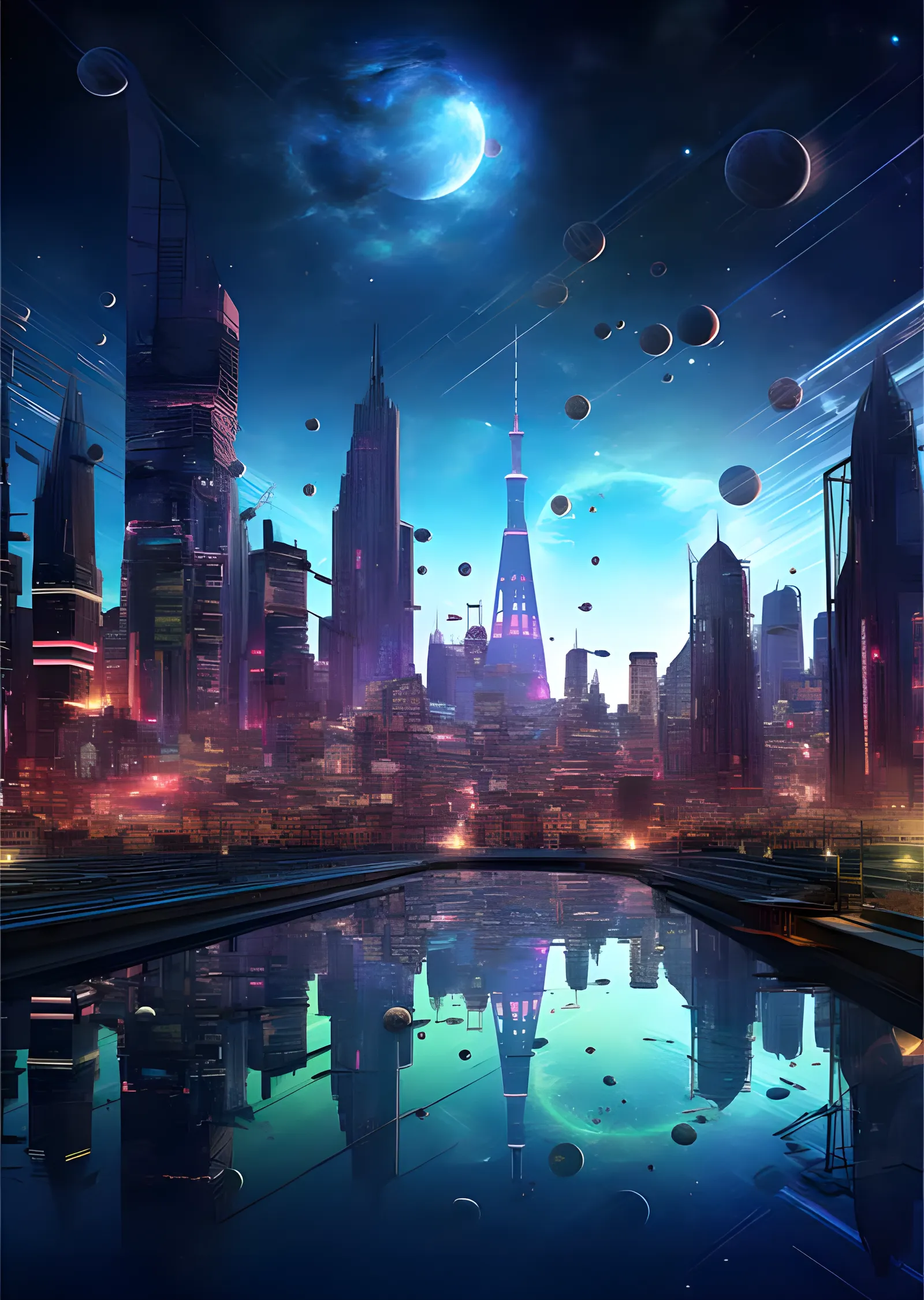 Dijital Distopya - Gezegenli Neon Metropol metal tablo