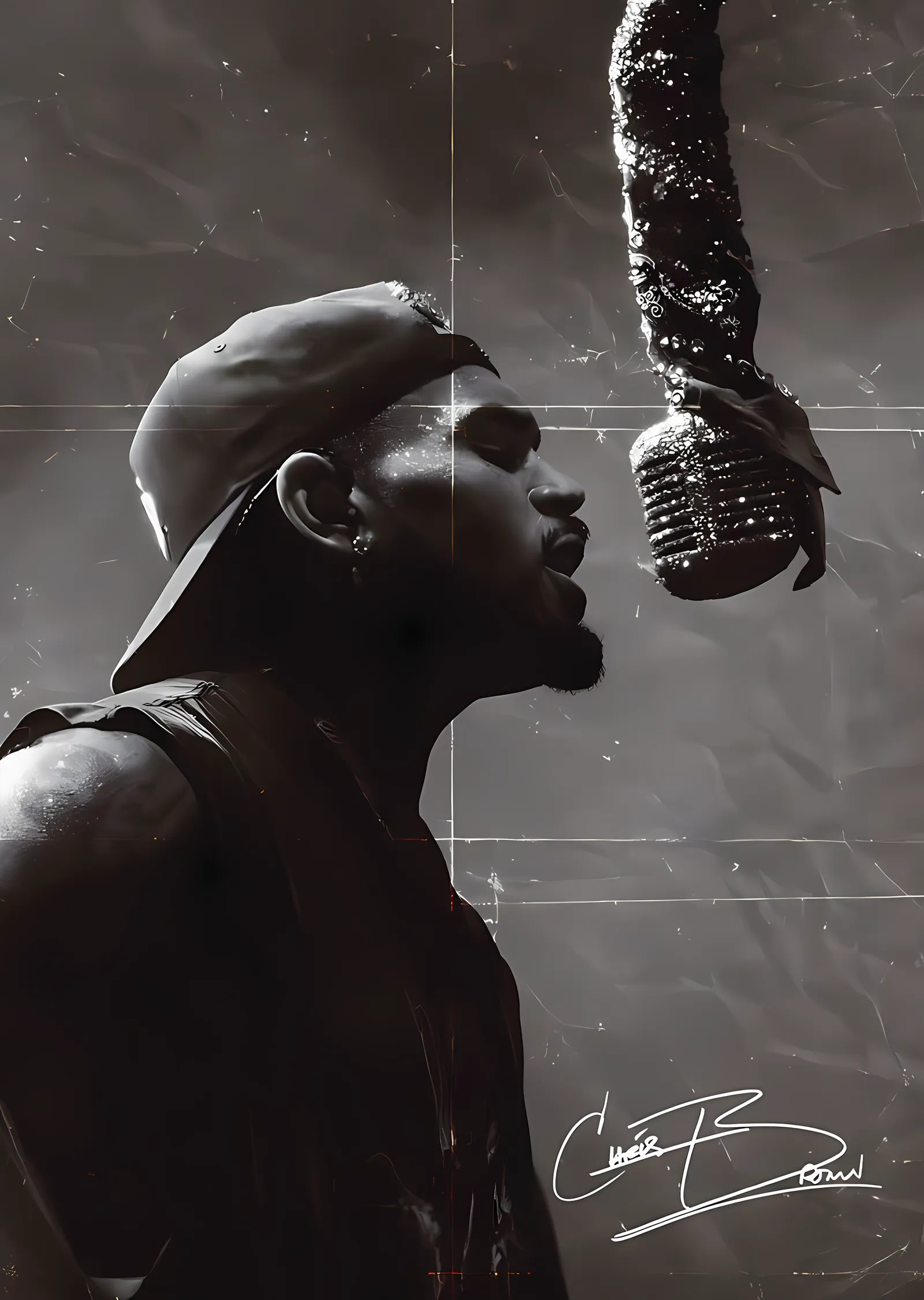 Chris Brown - Siyah Beyaz Mikrofon Portresi metal tablo