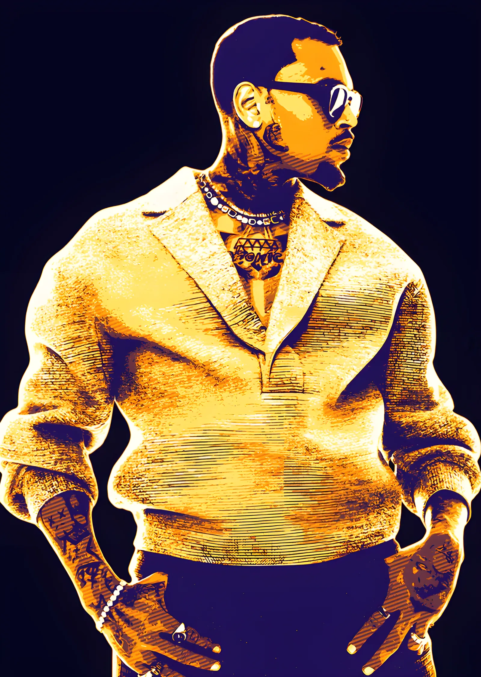 Chris Brown - Sarı Ceketli Vektör Portre metal tablo