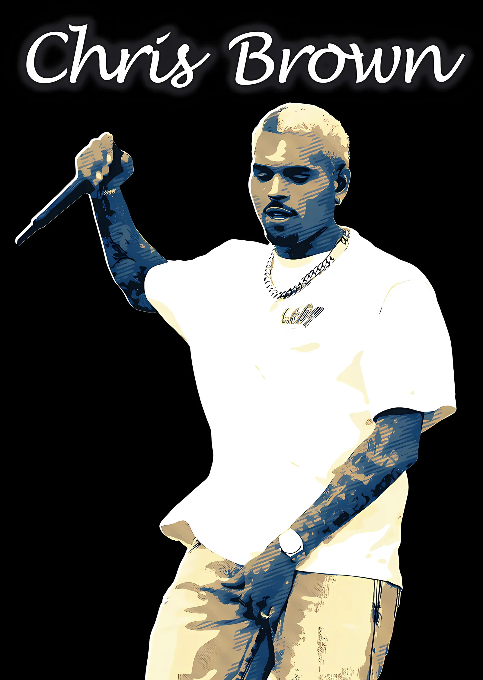 Chris Brown - Beyaz Tişörtlü İkili Renk Portre metal tablo