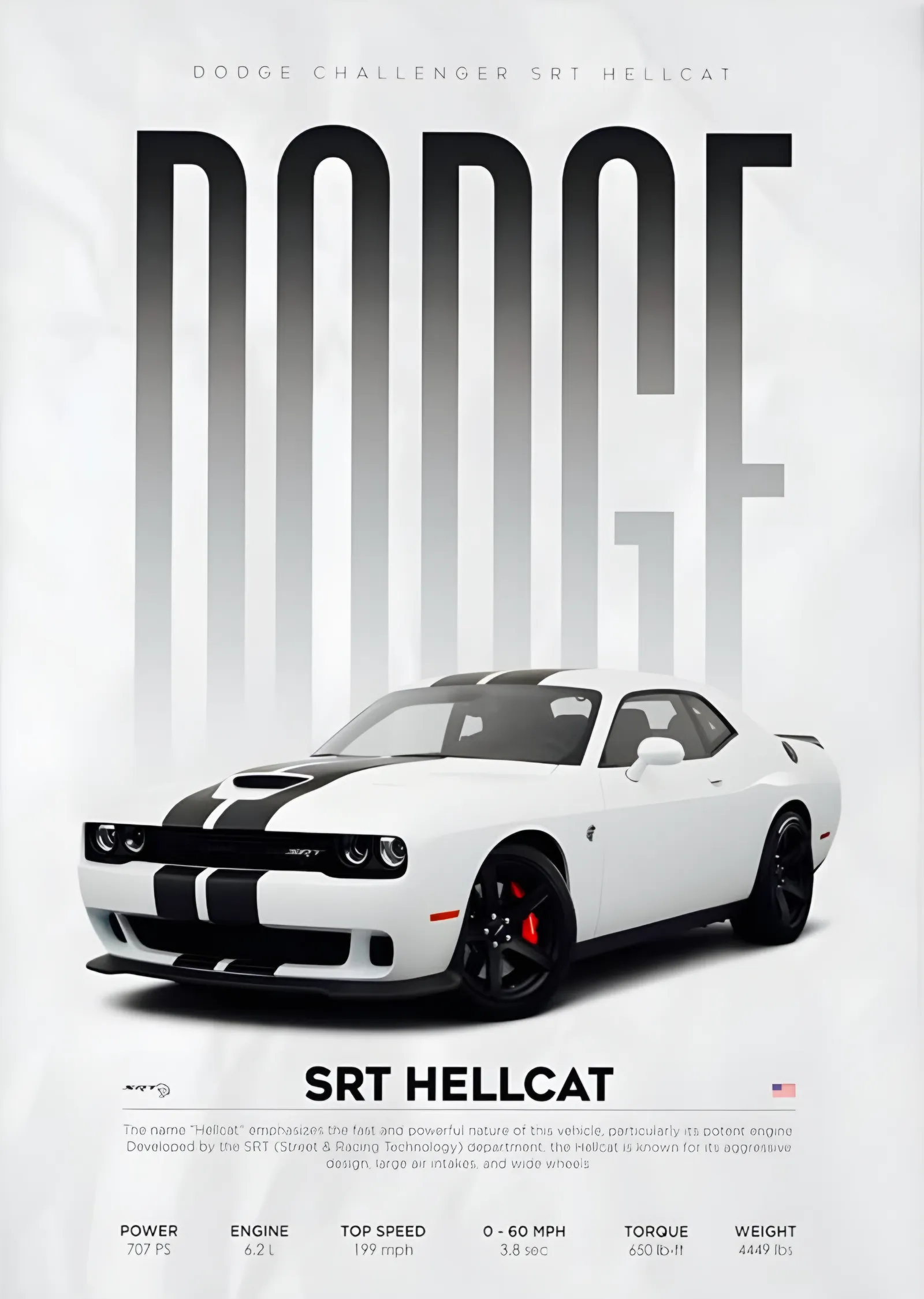 Dodge Challenger SRT Hellcat Beyaz Künye metal tablo