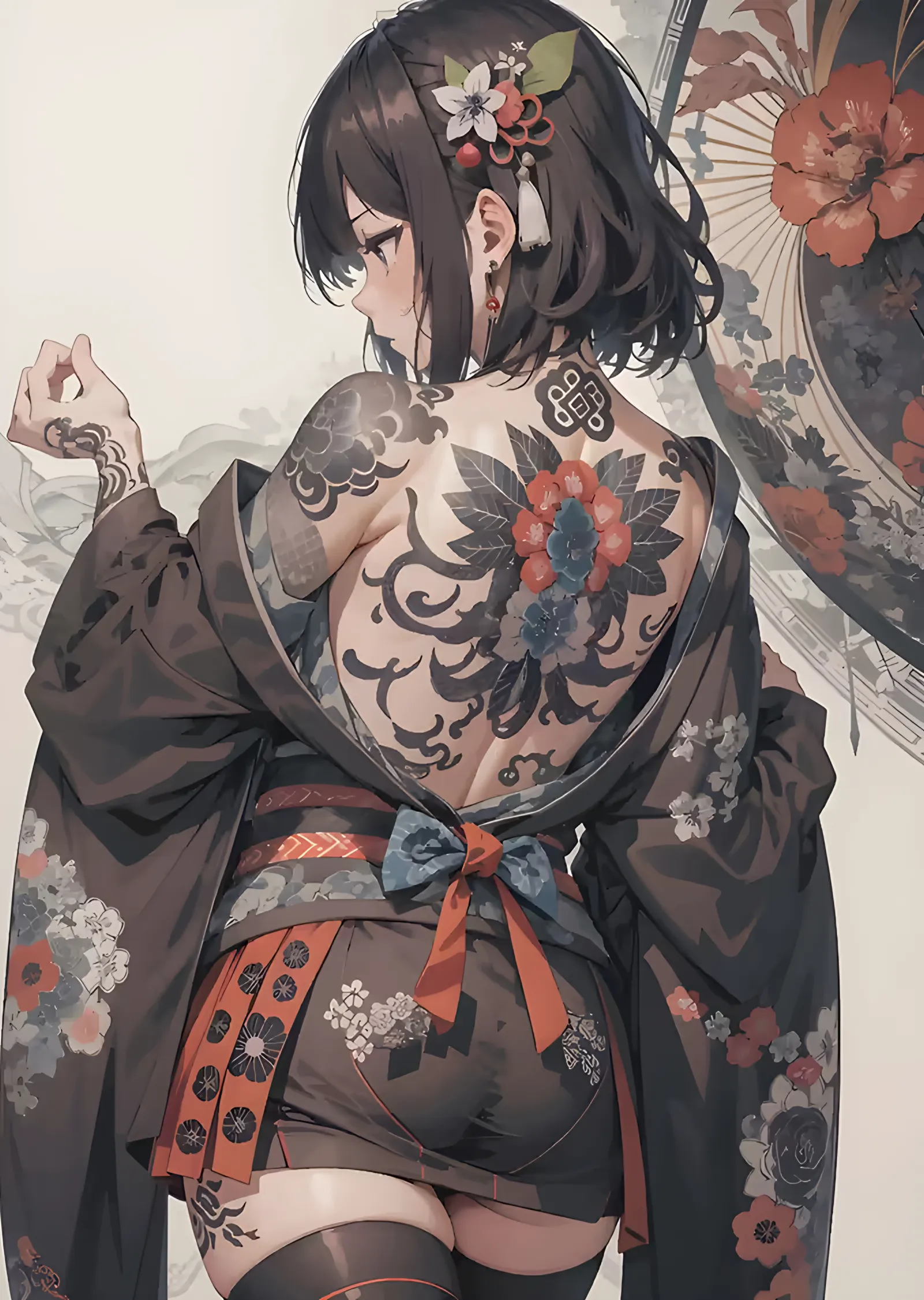 Dövmeli Sırtta Kimono ve Yelpaze metal tablo