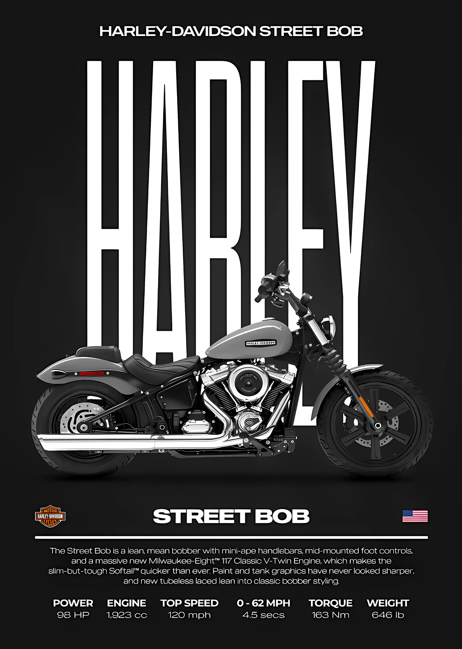 Harley-Davidson Street Bob - Gri Zemin metal tablo