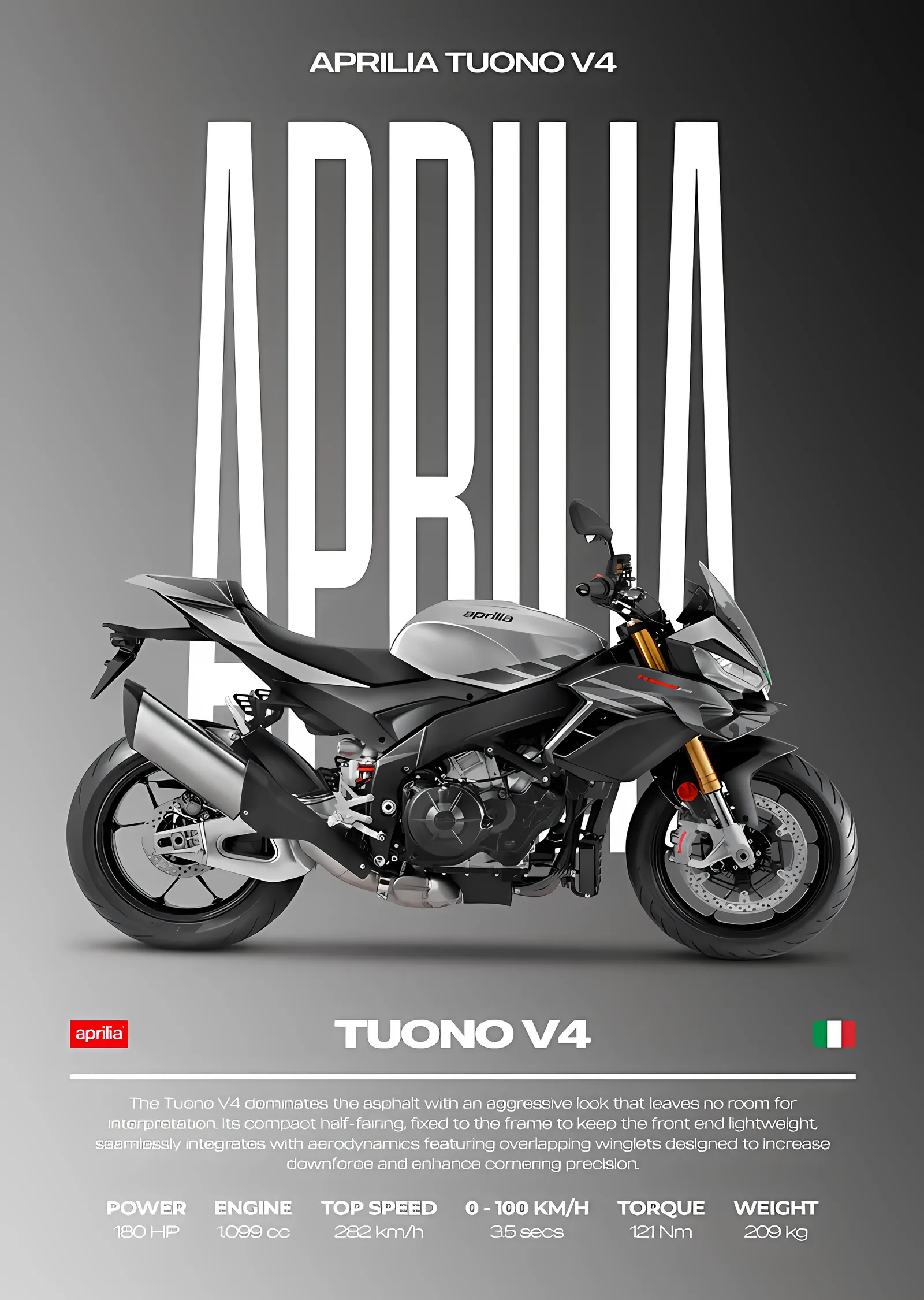Aprilia Tuono V4 - Gri Zemin metal tablo