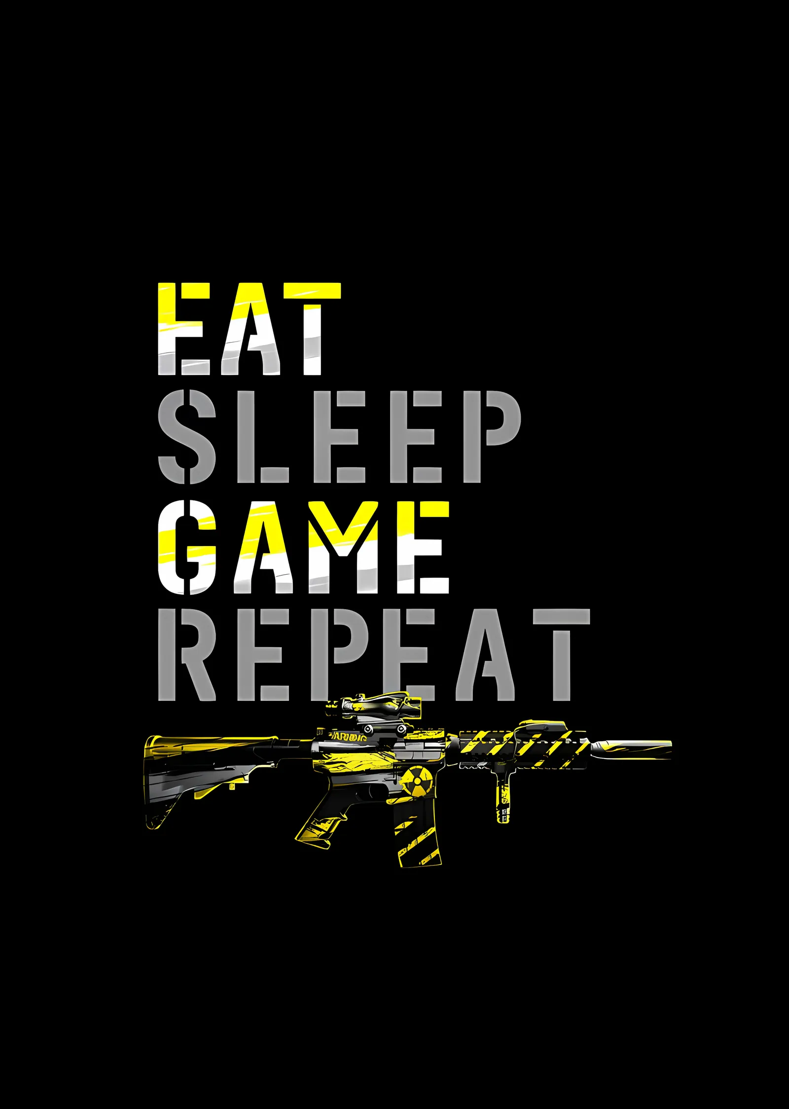 Eat Sleep Game Repeat: Sarı Tipografi ve Tüfek metal tablo