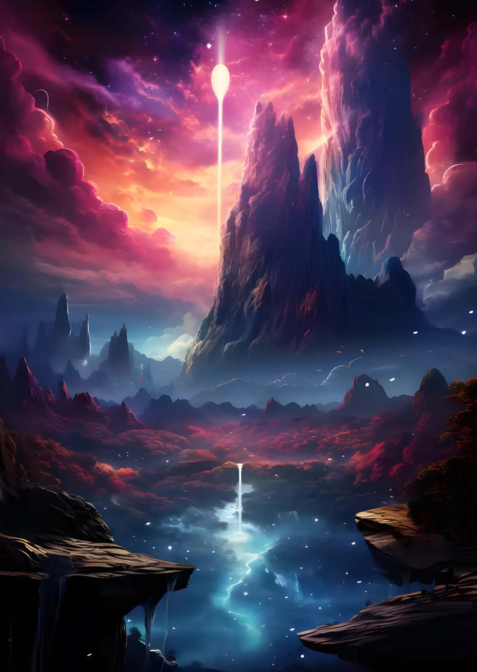 Kızıl Nebula Vadisi - Işık Sütunlu Fantastik Diyar metal tablo