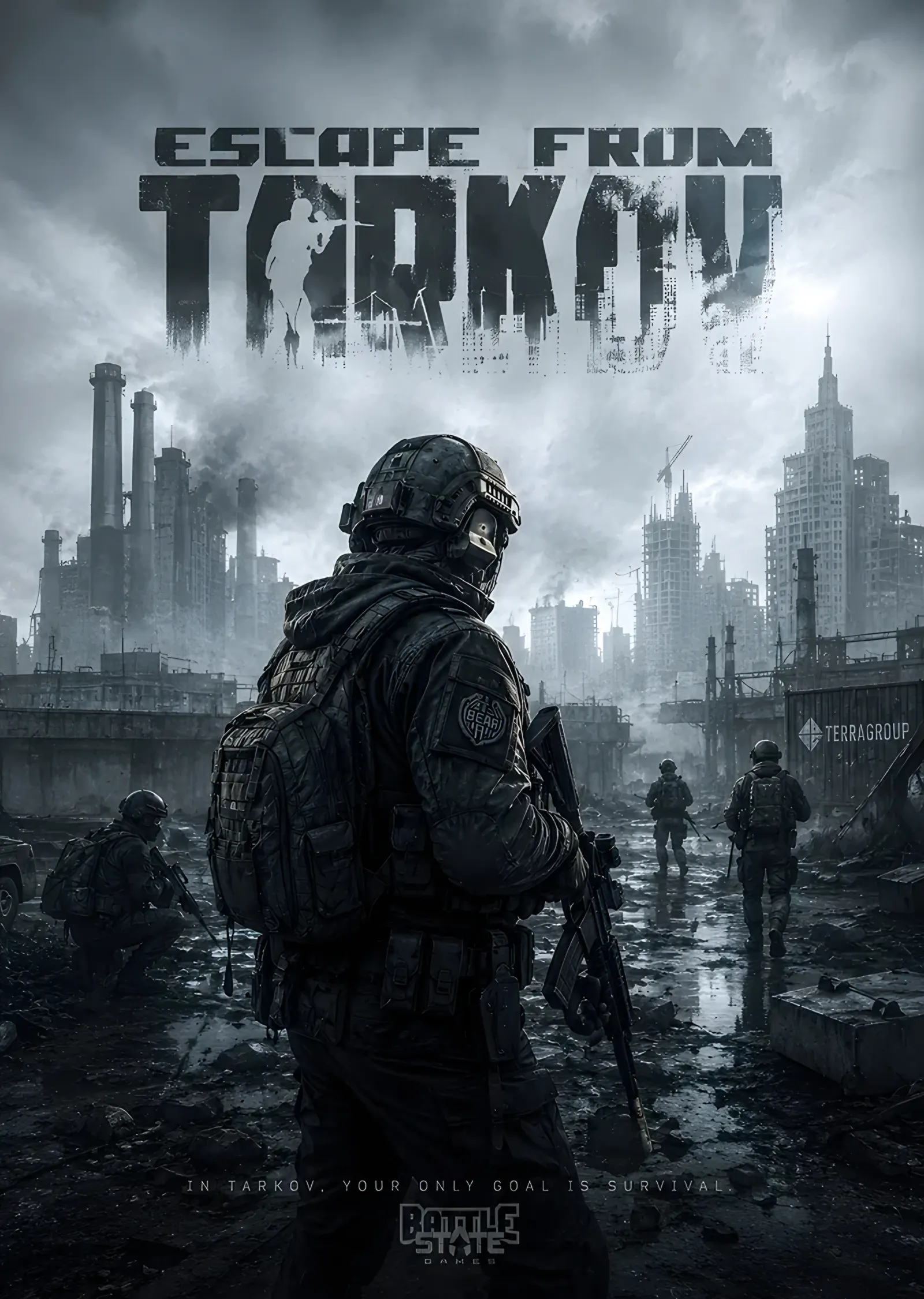 Escape From Tarkov: Gri Şehirde Sırt Dönük Asker metal tablo