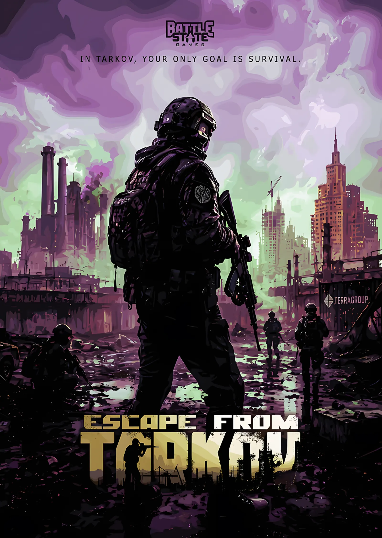 Escape From Tarkov: Mor Şehirde Silahlı Asker metal tablo