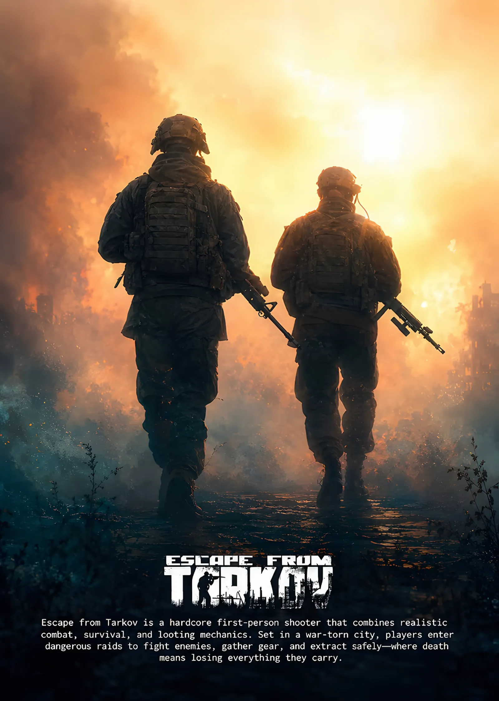 Escape From Tarkov: Turuncu Sisde İki Silüet metal tablo