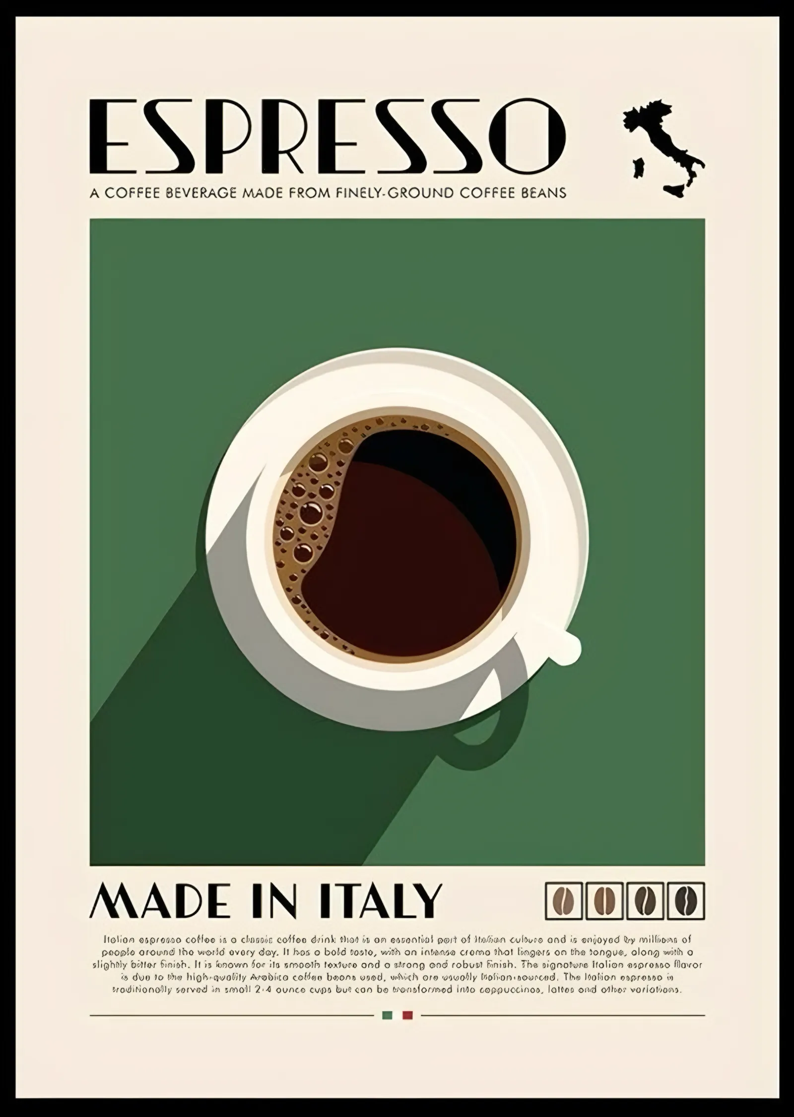 Espresso Made in Italy: Yeşil Zeminde Fincan metal tablo