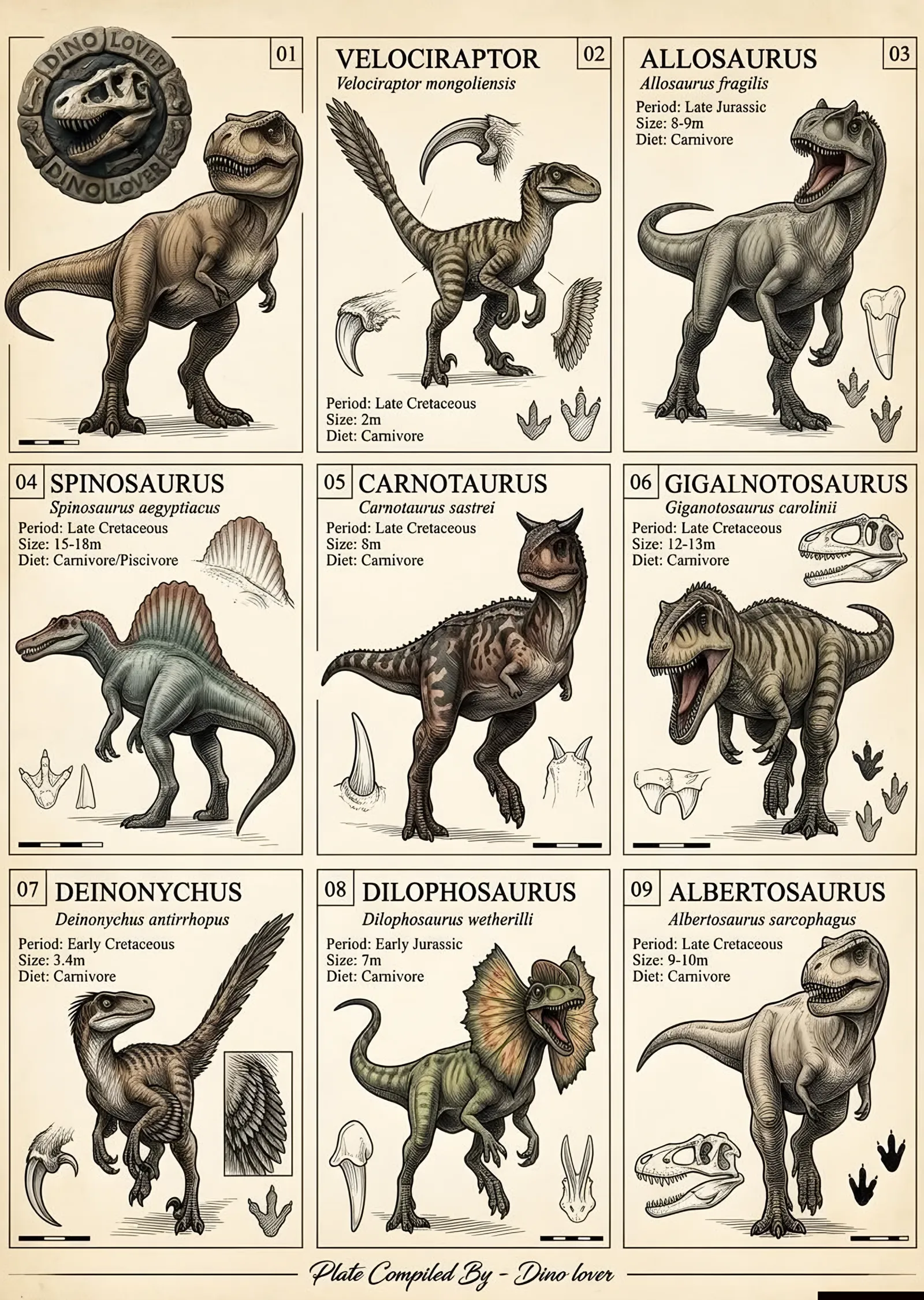 Etobur Dinozorlar - Tür Levhası metal tablo