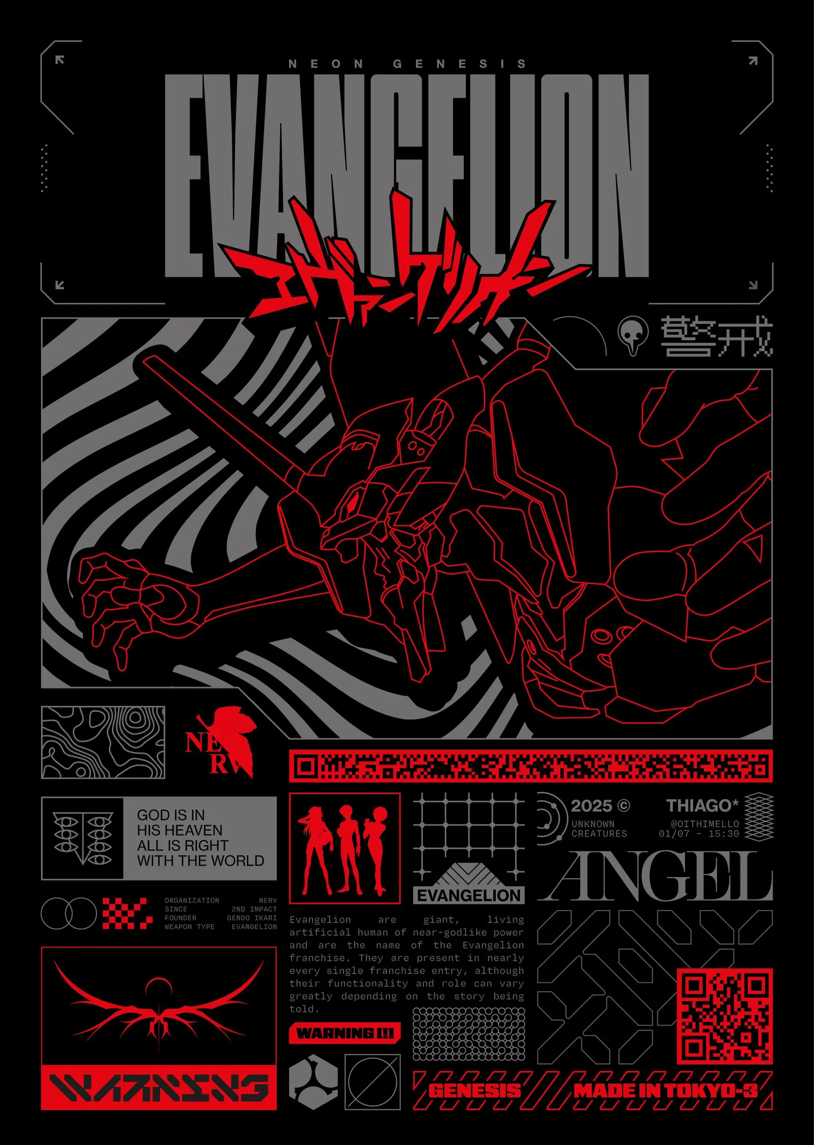 Evangelion - Kırmızı Siyah Brütalist Afiş metal tablo