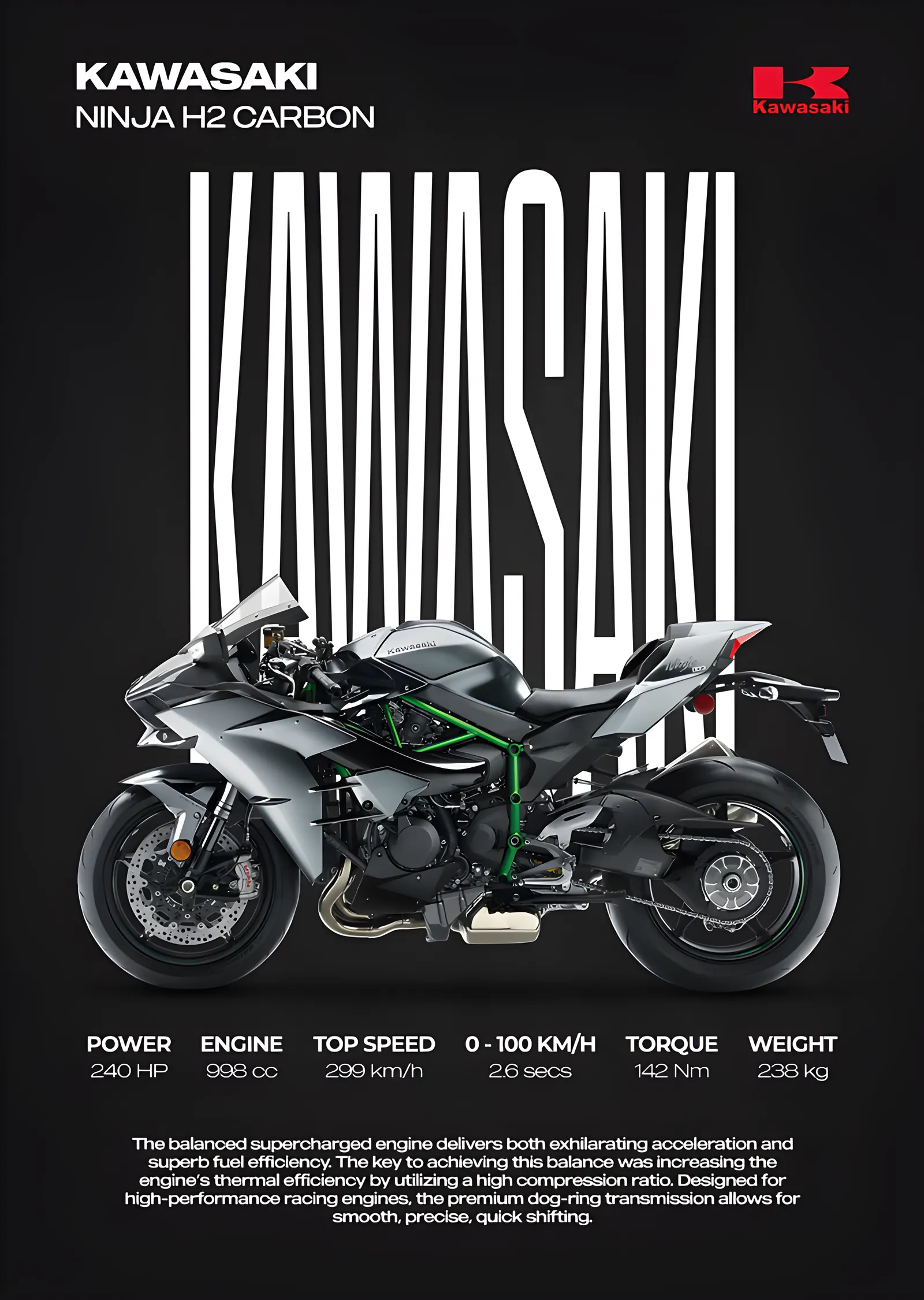 Kawasaki Ninja H2 Carbon - Siyah Zemin metal tablo