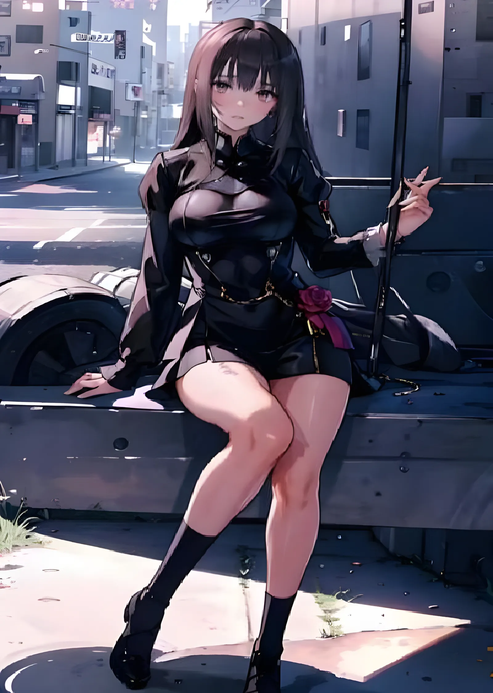 Siyah Elbiseli Anime Kız - Terk Edilmiş Sokakta metal tablo