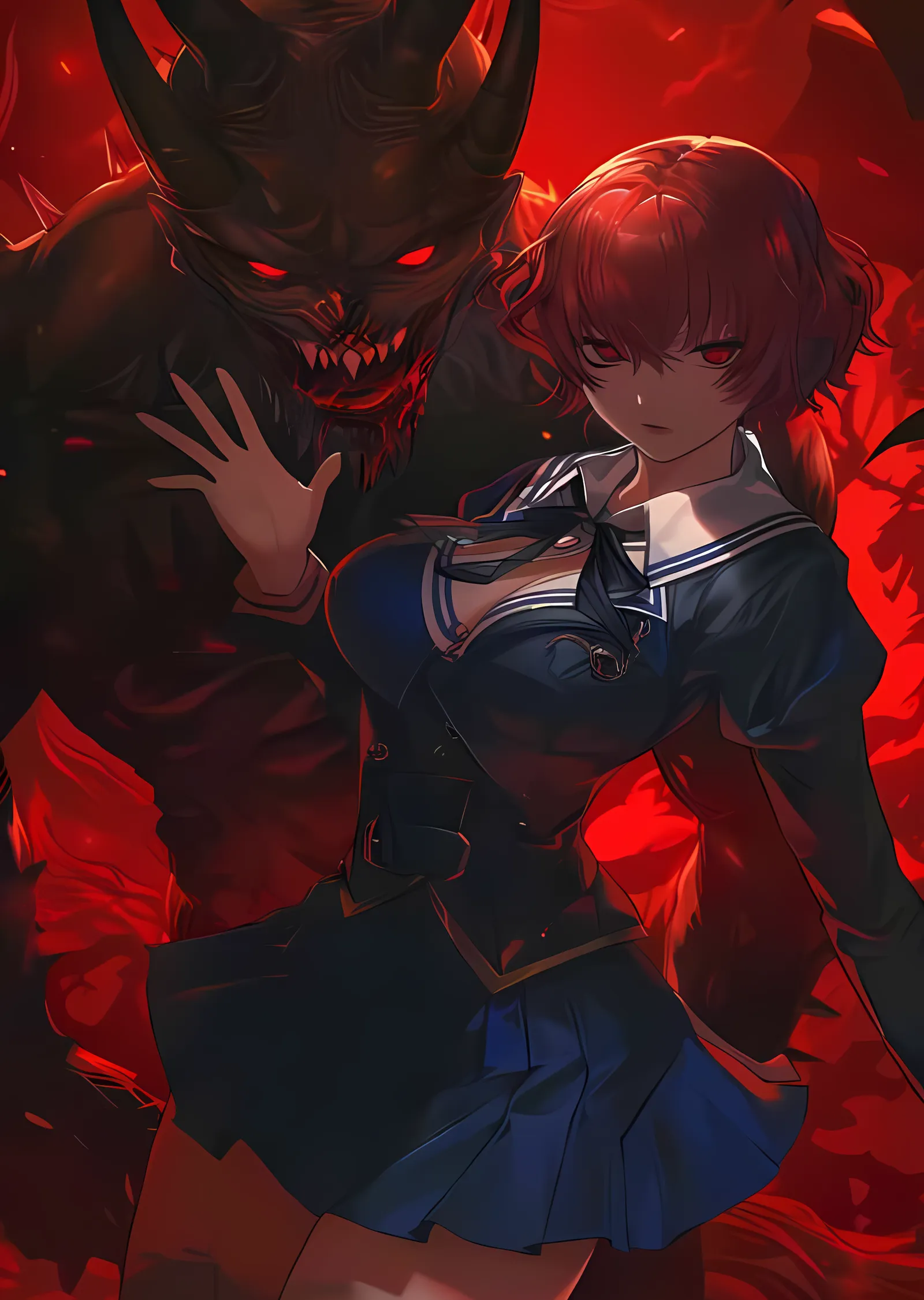 Kızıl Saçlı Anime Kız ve Arkasındaki İblis metal tablo