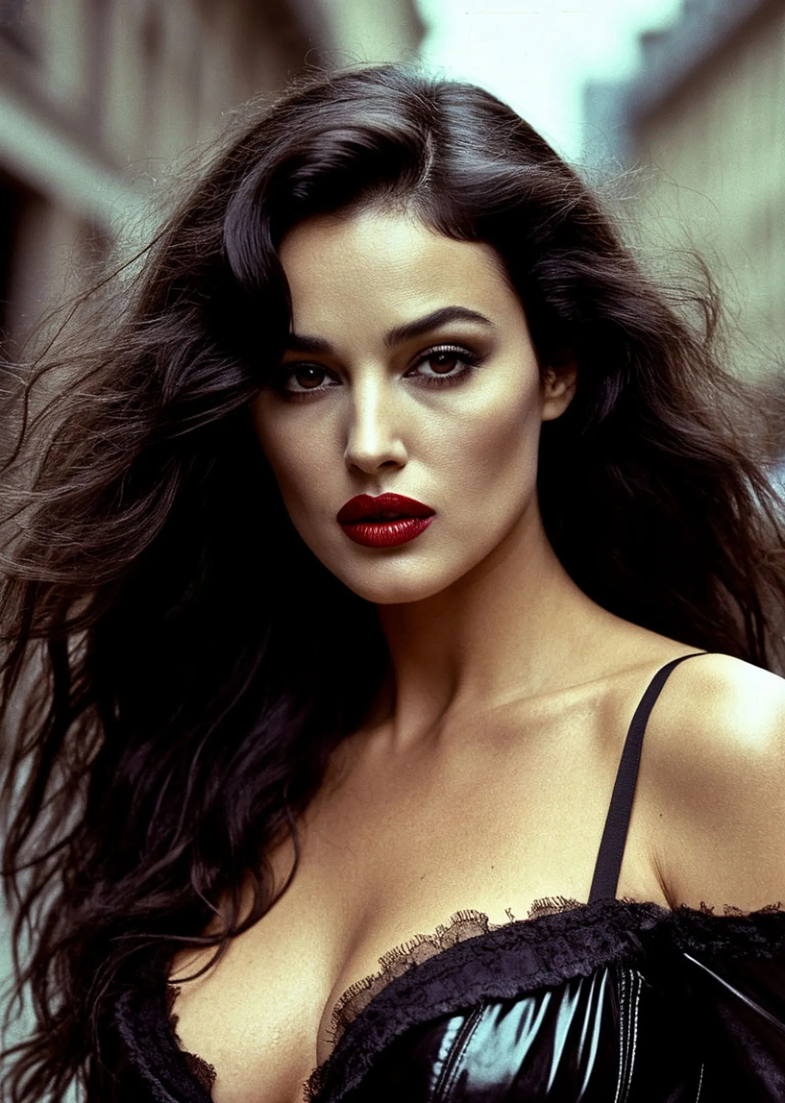 Monica Bellucci: Sokakta Kızıl Rujlu Portre metal tablo