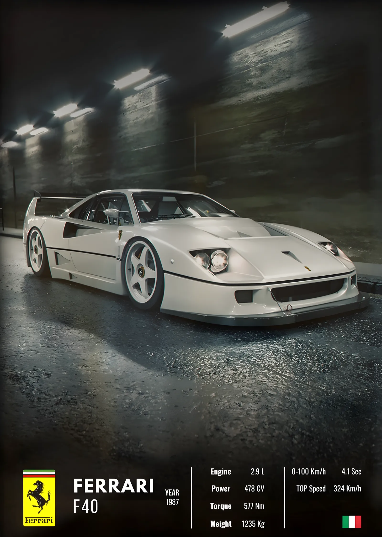 Ferrari F40 (Beyaz, Teknik Föy) metal tablo