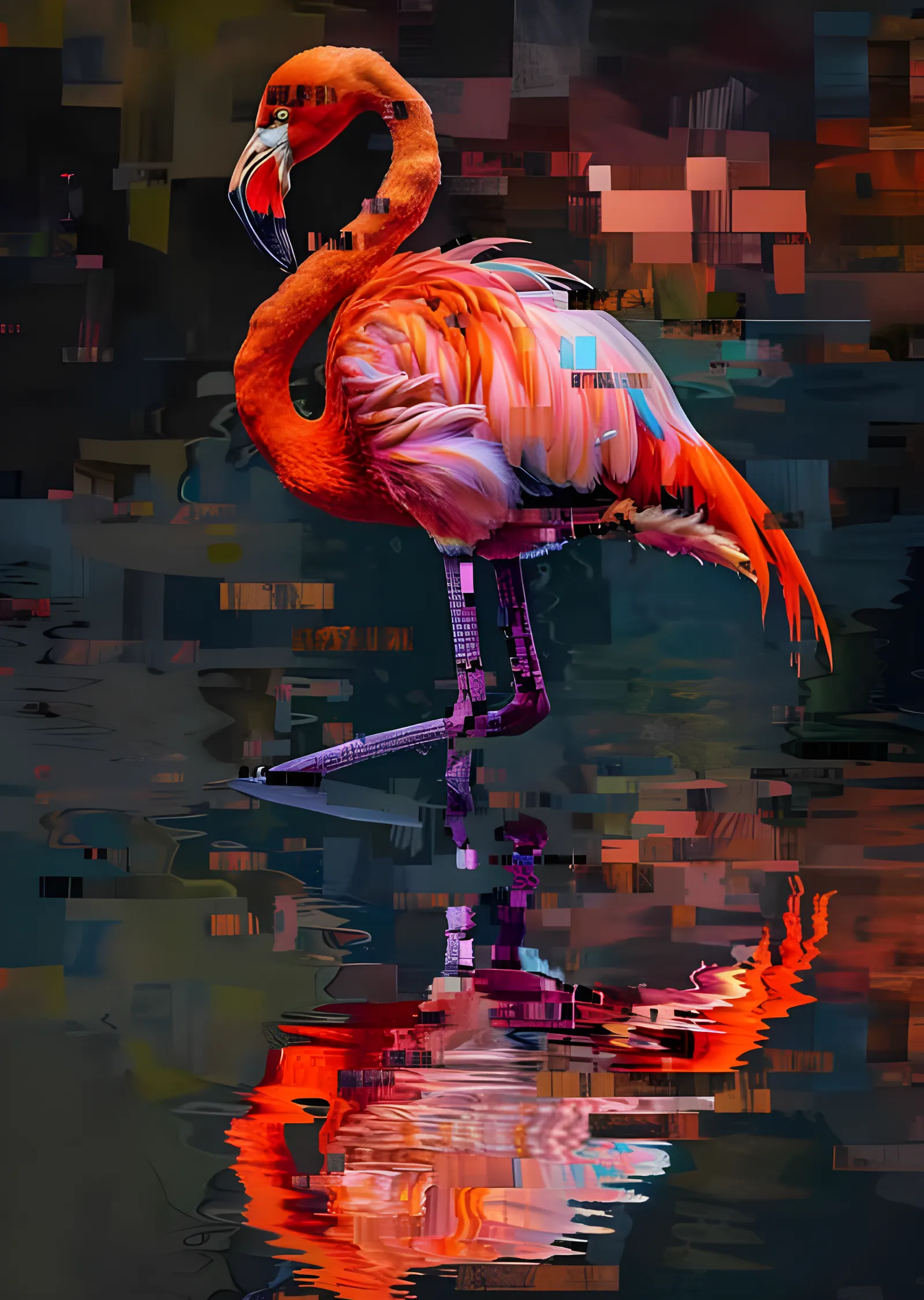 Flamingo: Glitch Yansıma Kolajı metal tablo