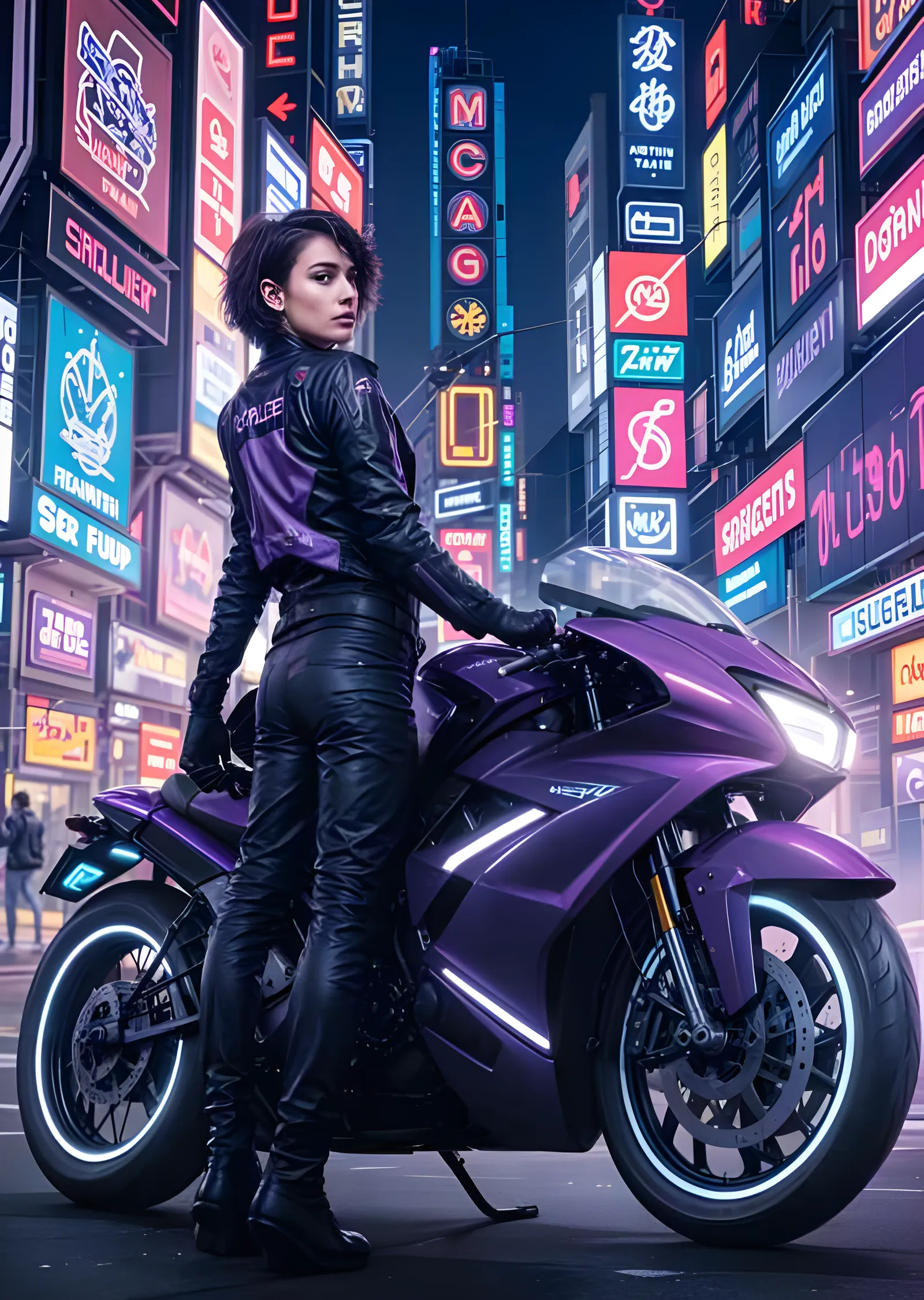 Mor Yarış Motosikleti - Neon Tabelalı Sokak metal tablo