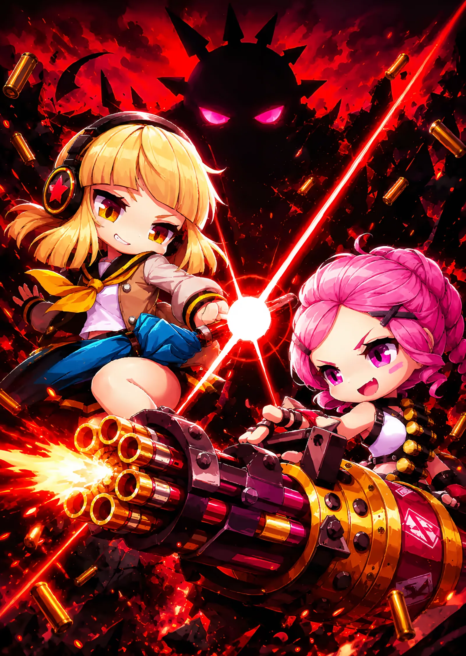 Gatling Silahlı Chibi Kız İkilisi metal tablo