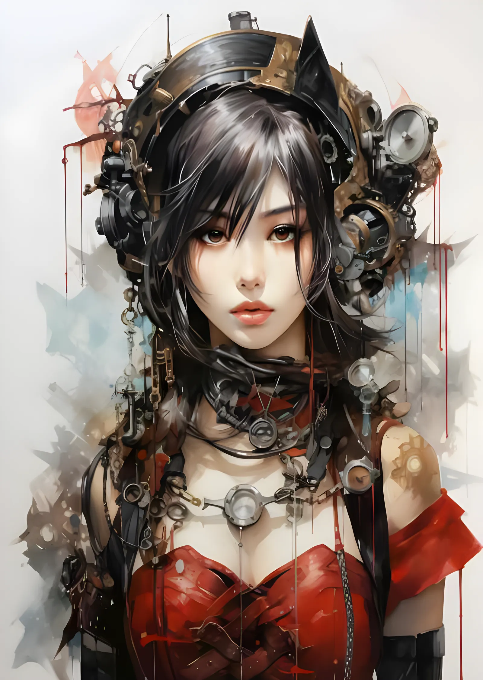 Steampunk Geisha - Dişliler ve Kızıl Korse metal tablo