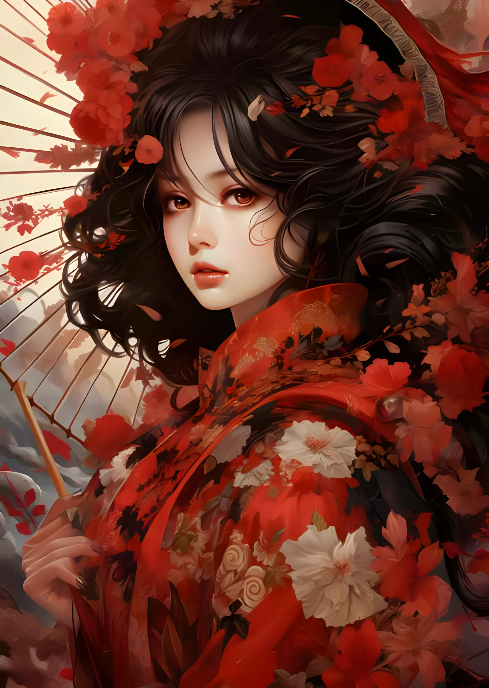 Kırmızı Şemsiyeli Geisha - Çiçekli Kimono metal tablo