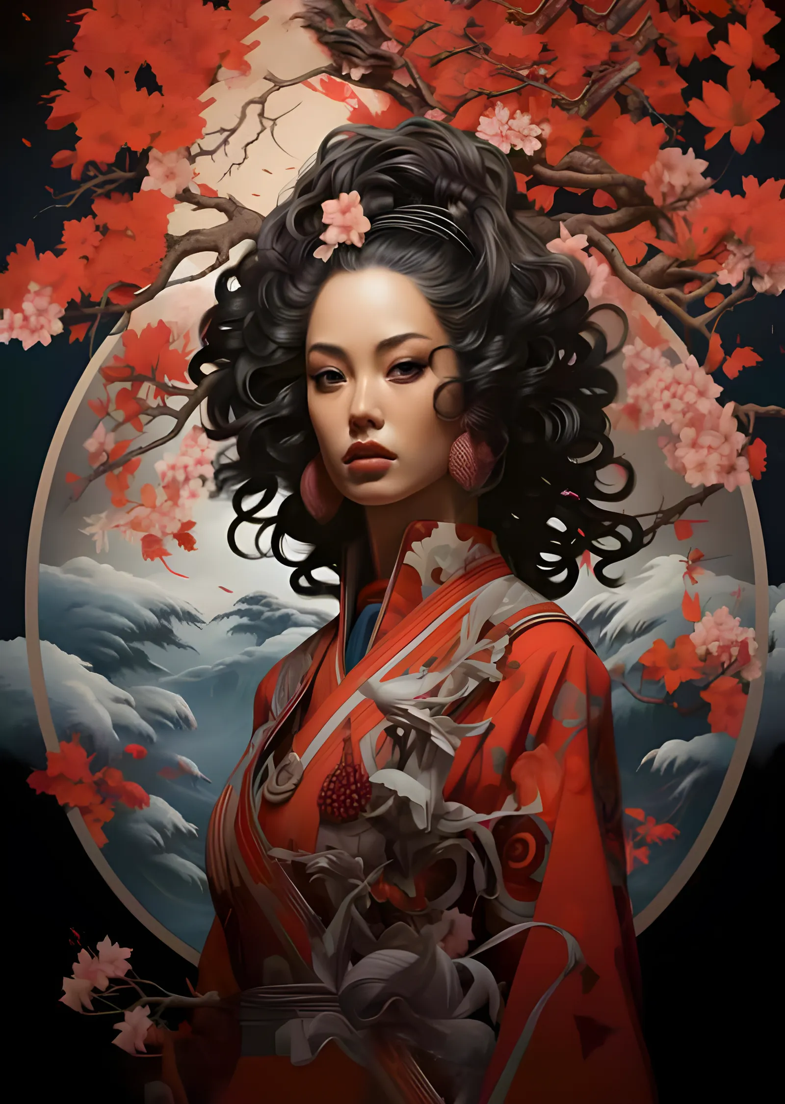 Geisha - Sakura Dalları ve Dolunay Halesi metal tablo