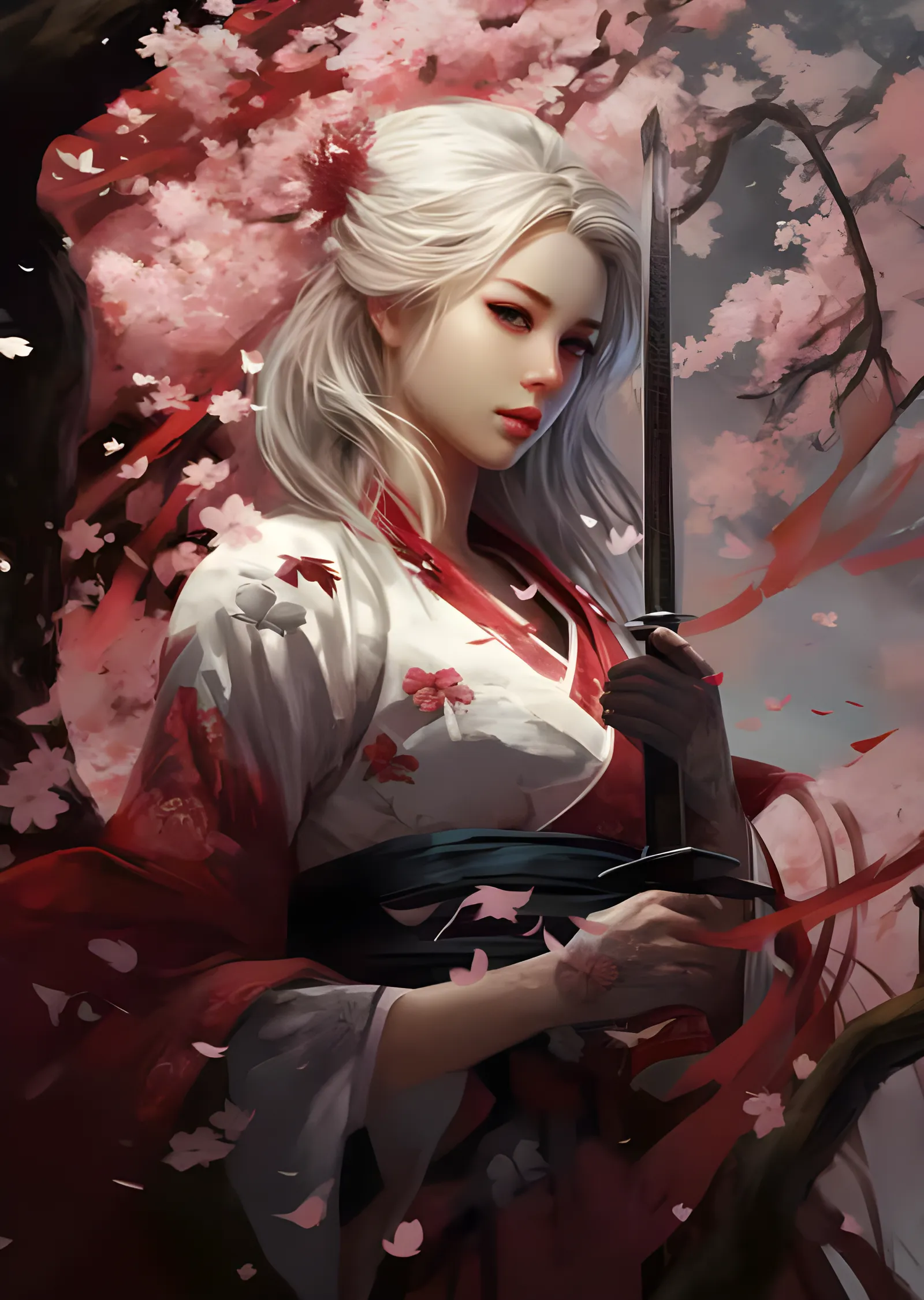 Ak Saçlı Samuray Kadın - Katana ve Sakura metal tablo