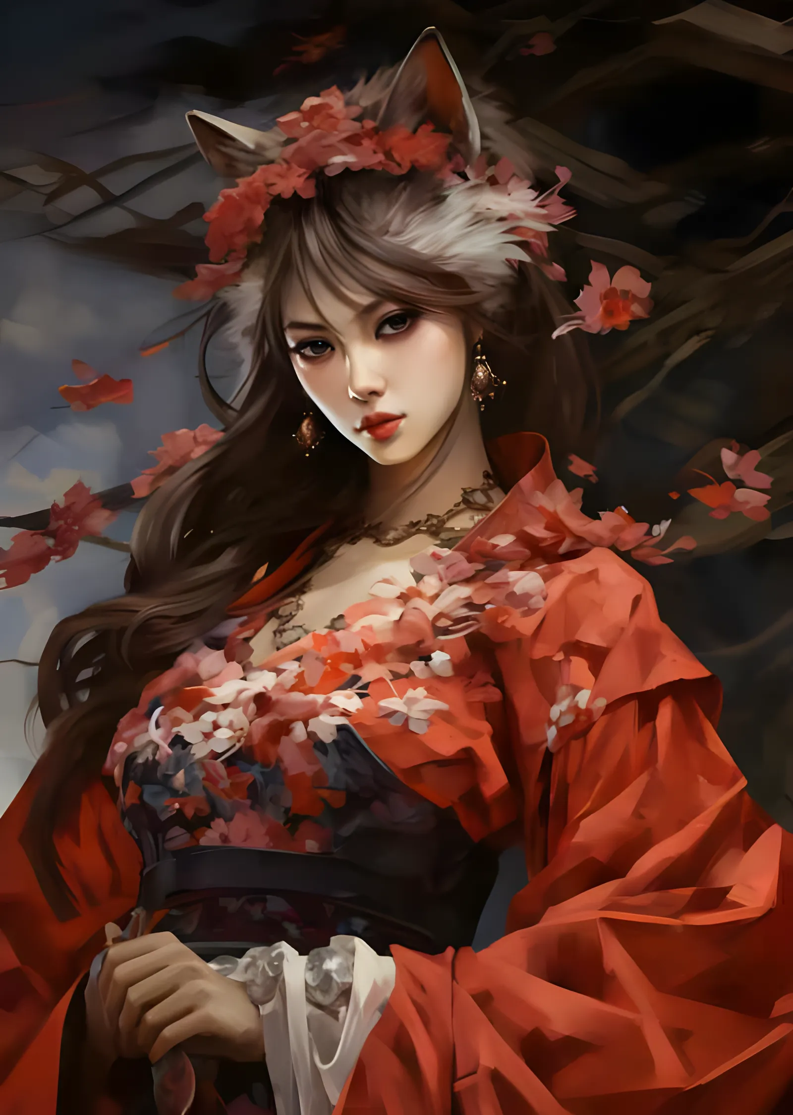 Kitsune Geyşa - Kızıl Kimono ve Sakura metal tablo