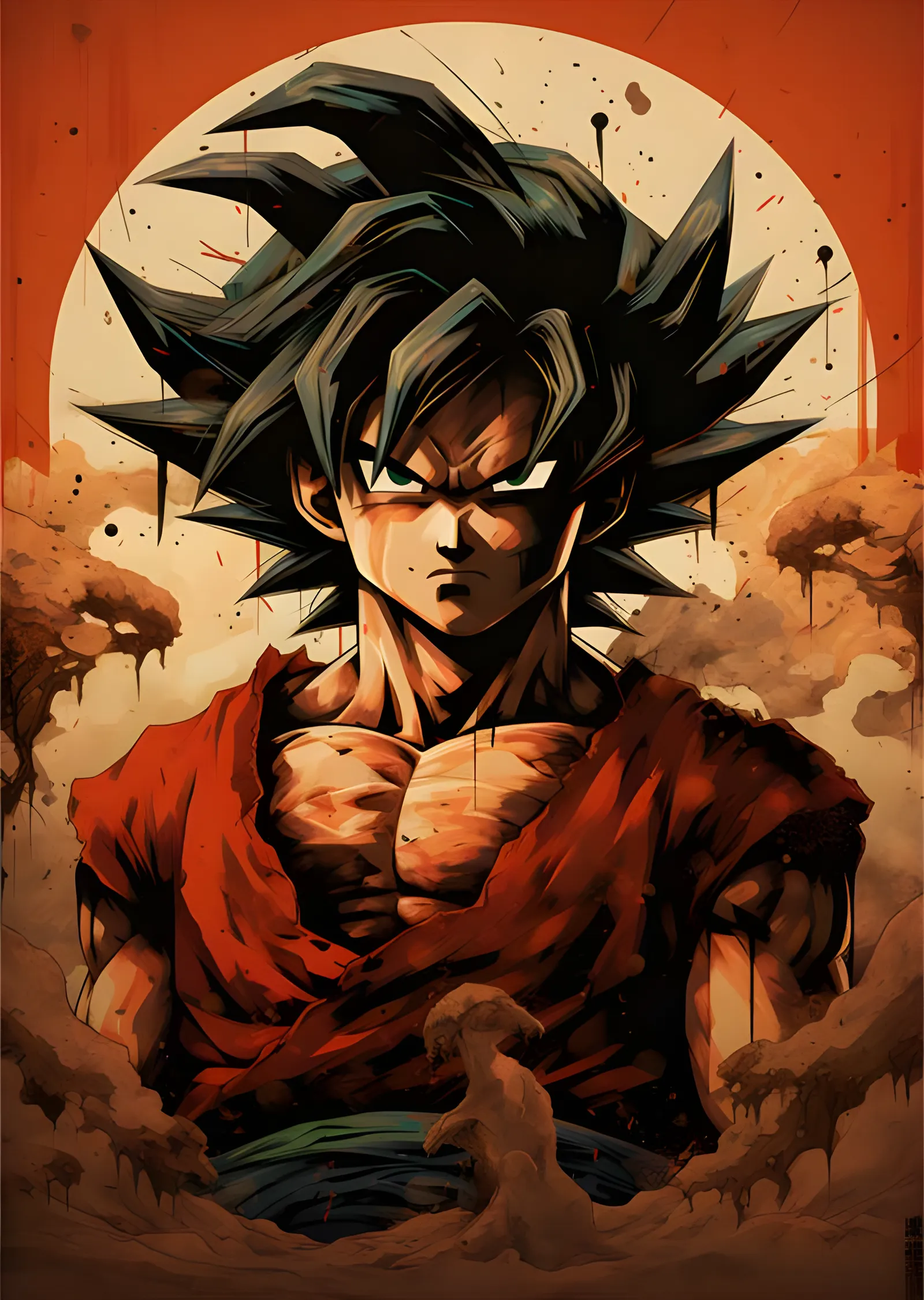 Goku - Damlayan Boya ve Turuncu Güneş metal tablo