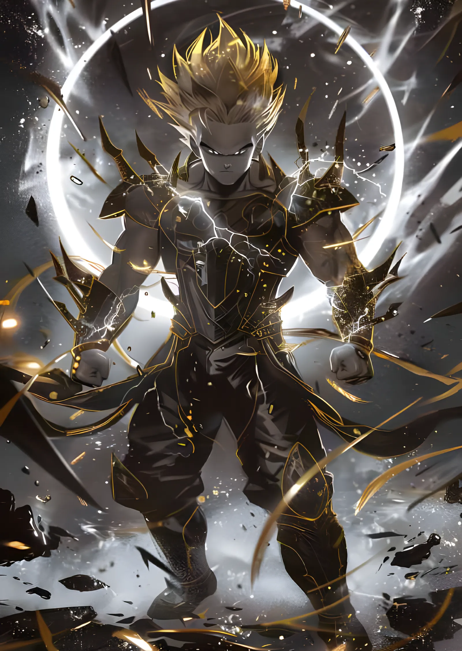 Goku - Altın Zırh ve Şimşekli Ay Halkası metal tablo