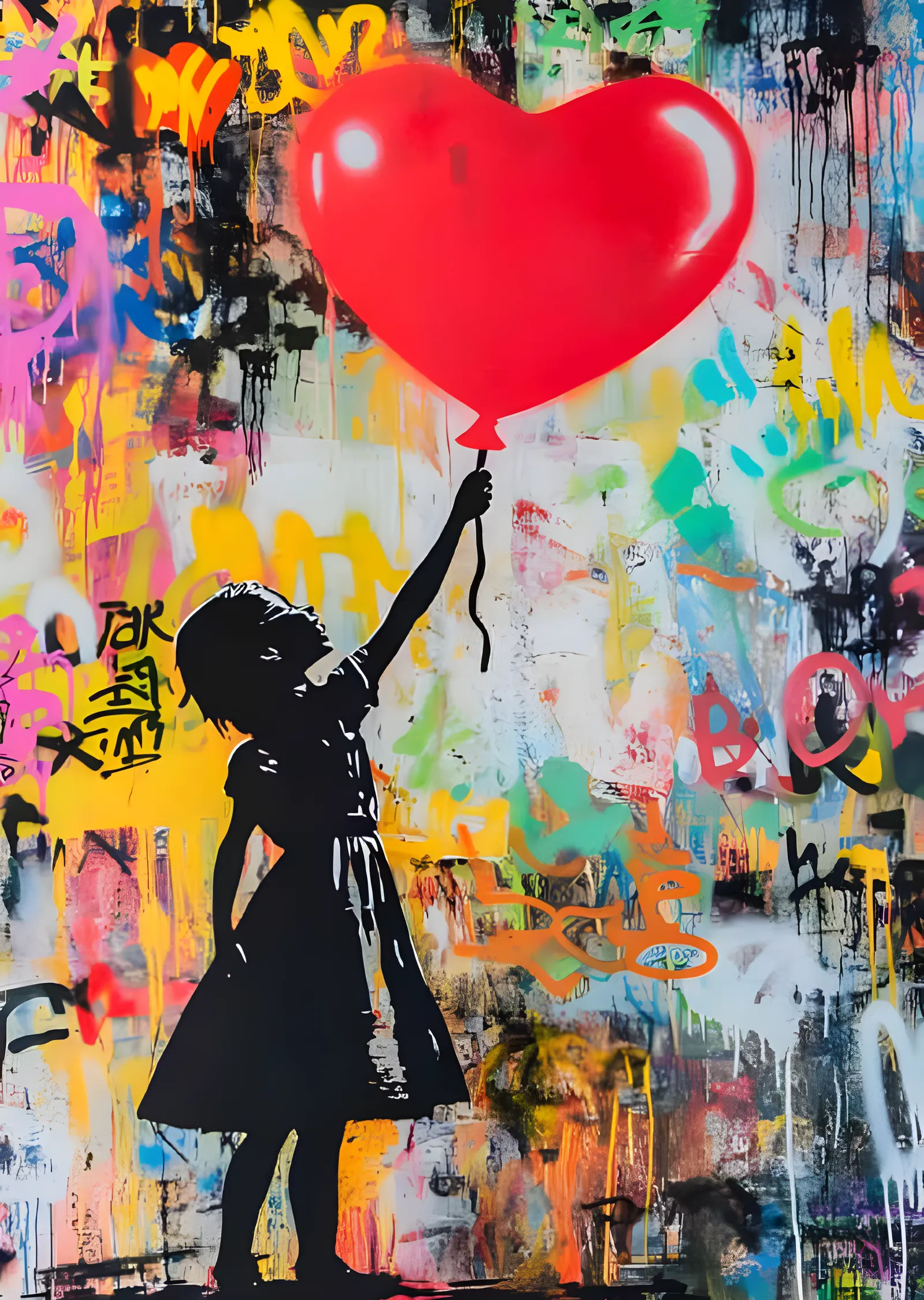 Kırmızı Balonlu Kız - Renkli Grafiti Duvar metal tablo
