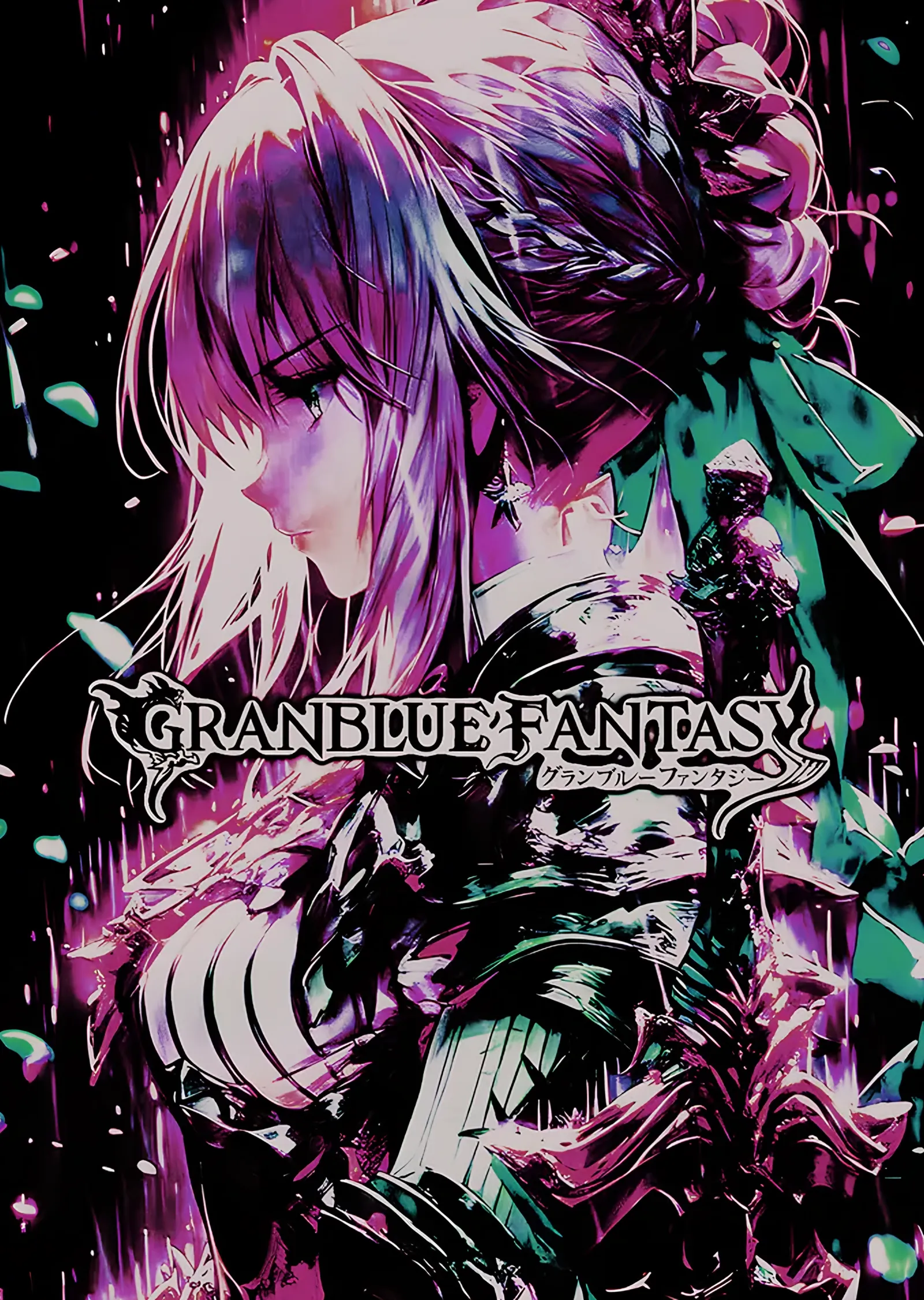 Granblue Fantasy: Mor Çiçeklerde Beyaz Saçlı Karakter metal tablo