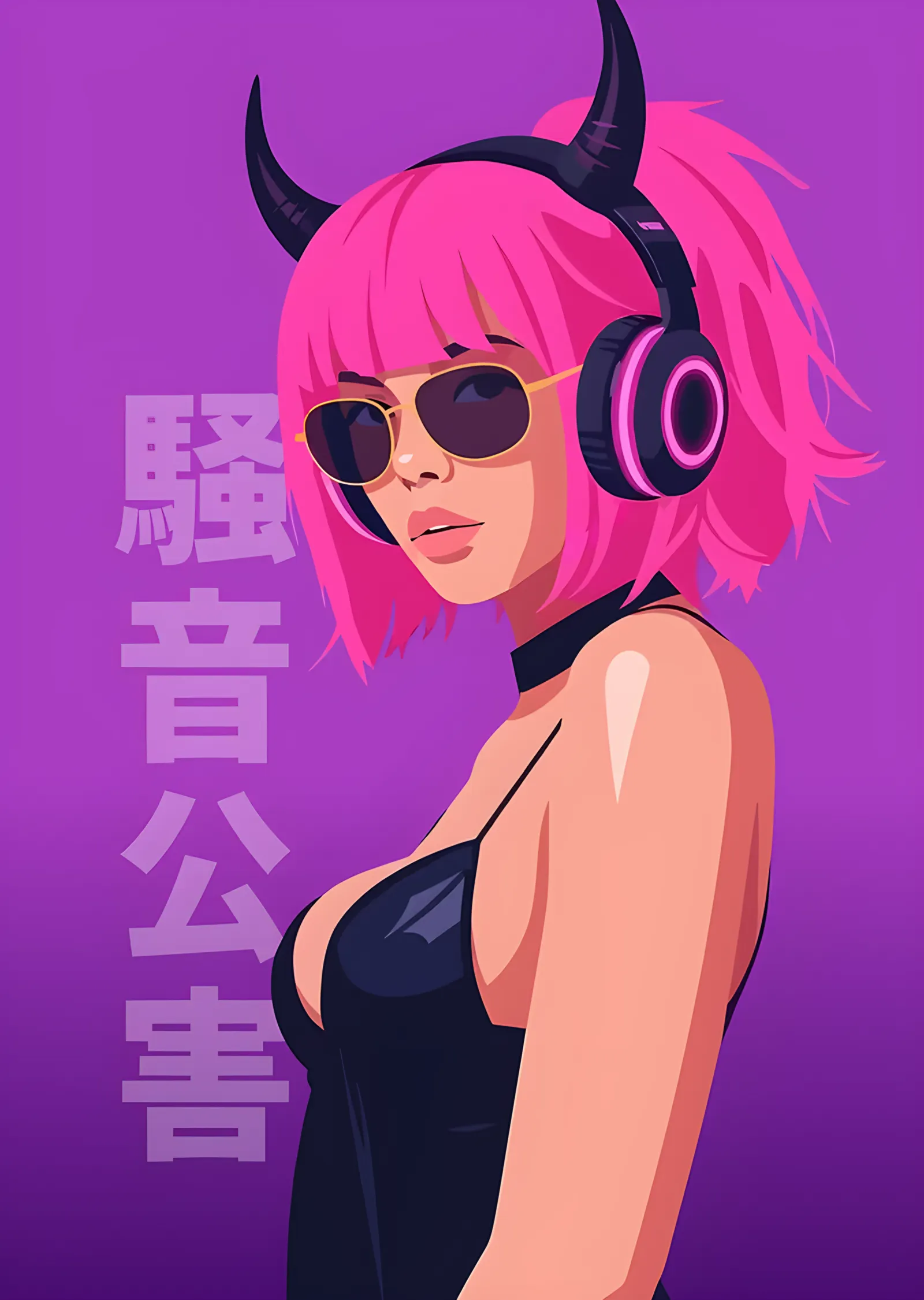 Gürültü Kirliliği: Boynuzlu Pembe Saçlı DJ metal tablo