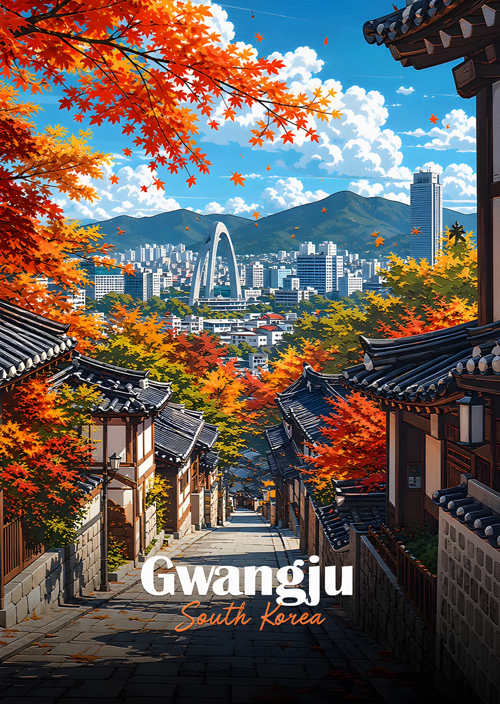 Gwangju: Sonbahar Yokuşunda Geleneksel Evler metal tablo
