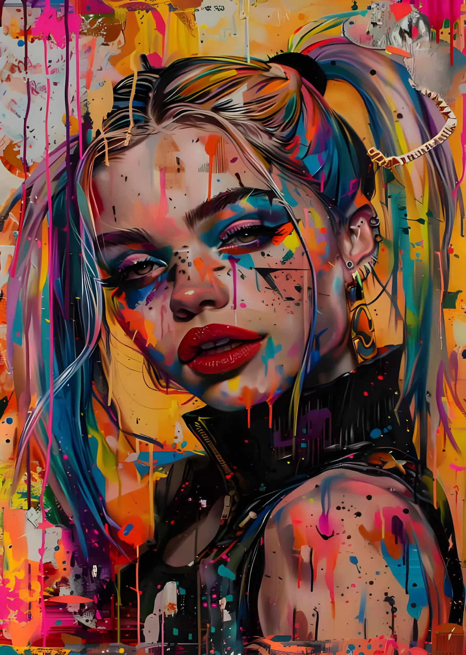 Harley Quinn - Renk Damlamalı Splash Portre metal tablo