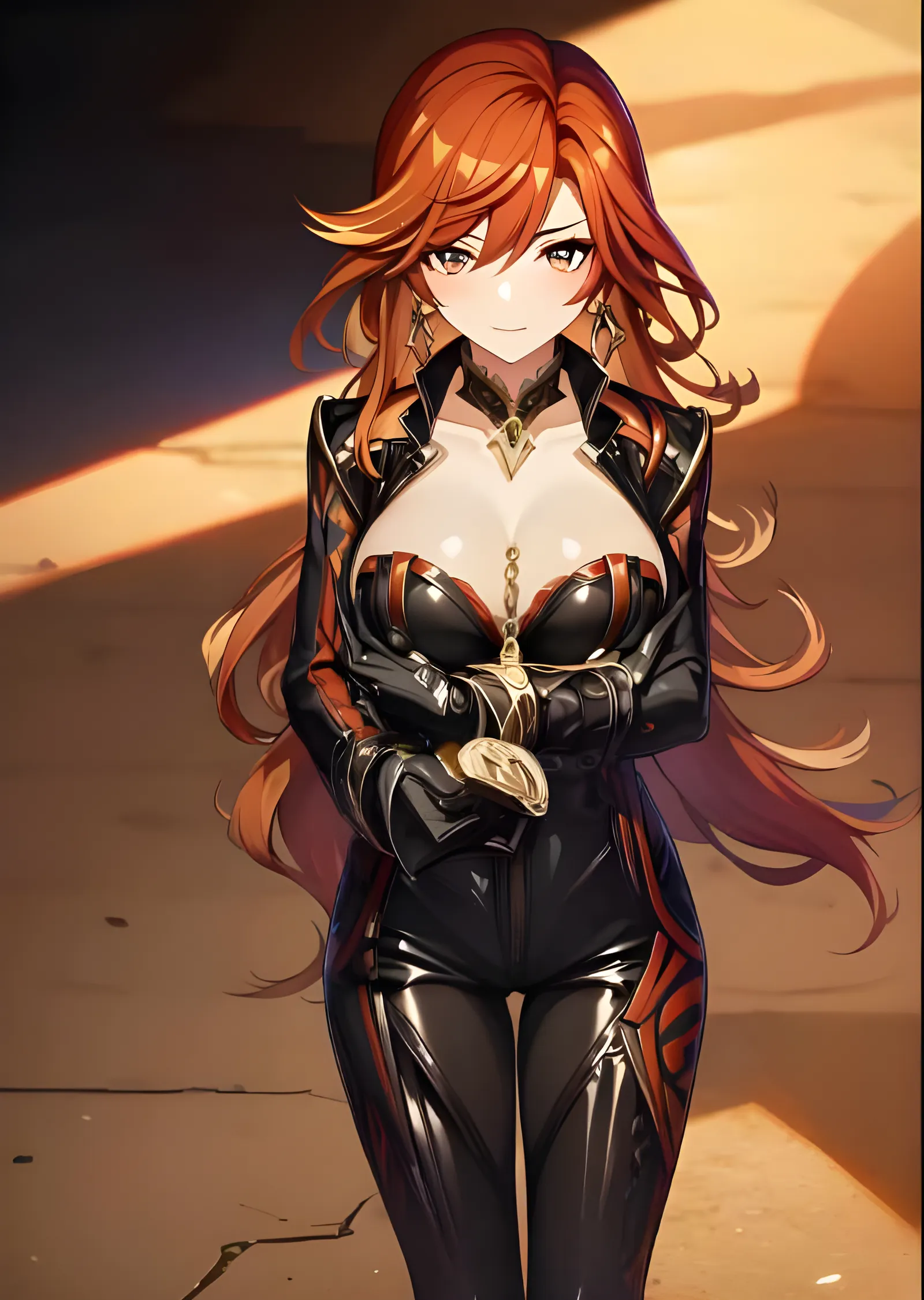 Kızıl Saçlı Anime Kadını - Siyah Deri Takım metal tablo