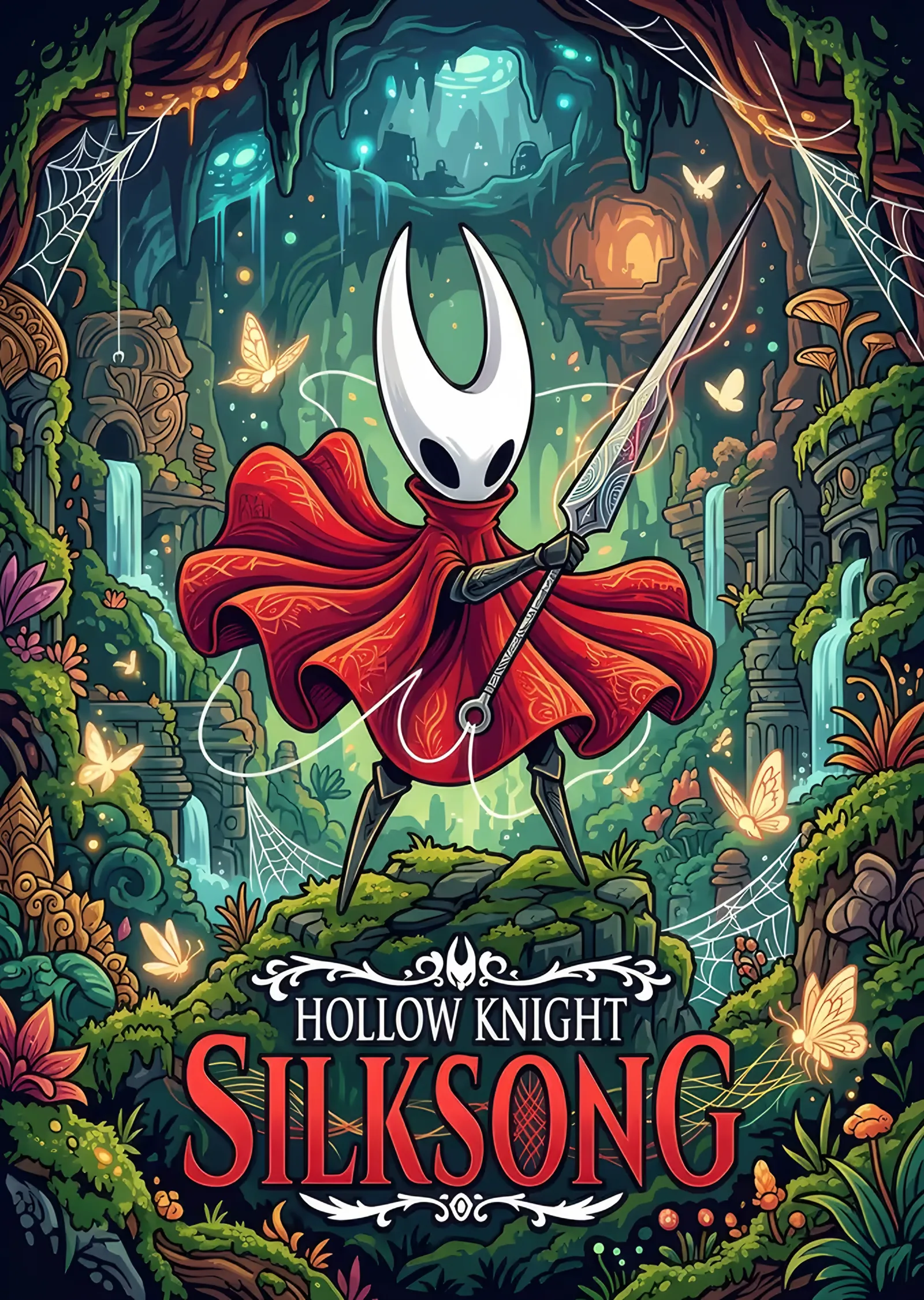 Hollow Knight Silksong: Yeşil Ormanda Kırmızı Pelerin metal tablo