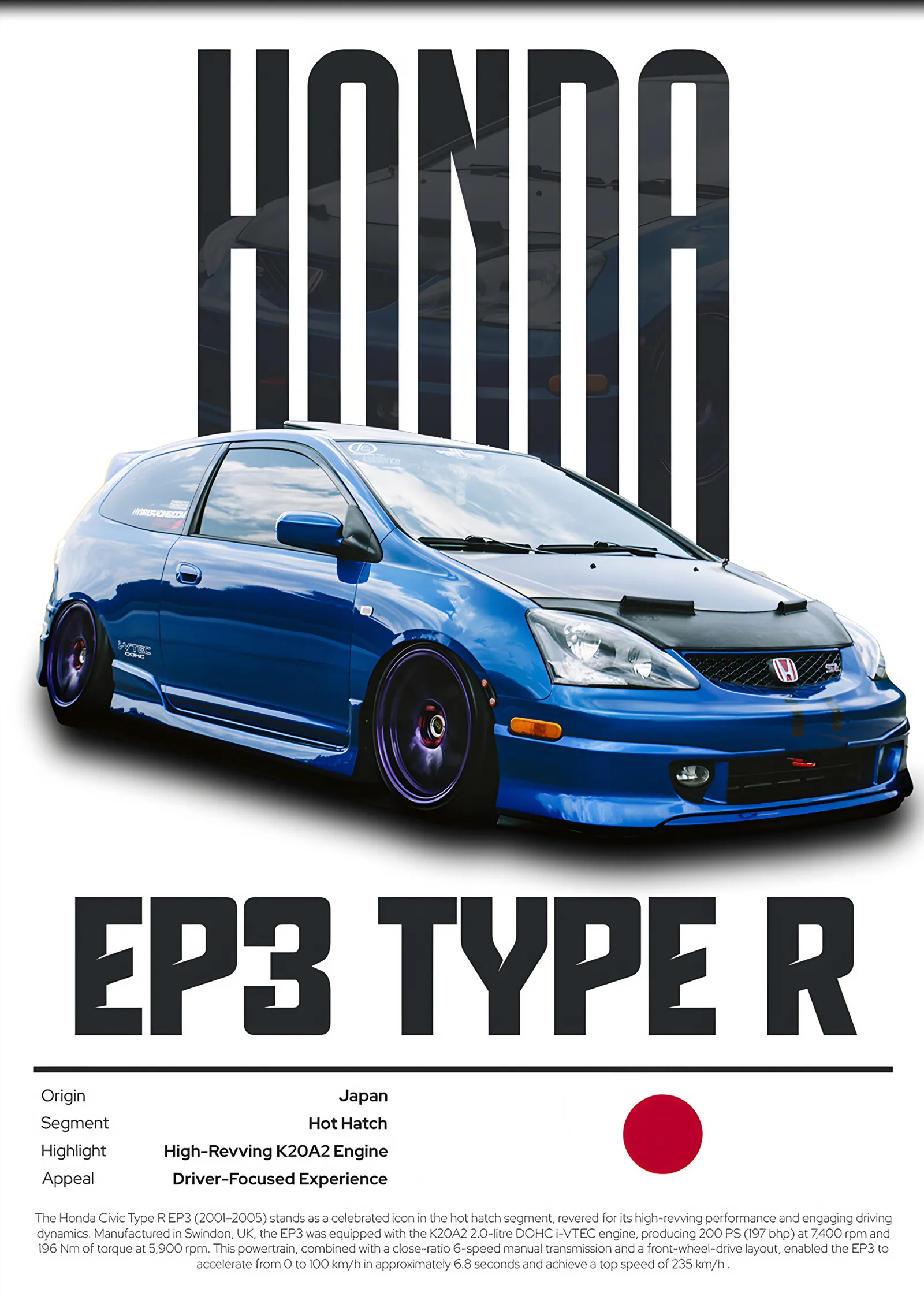 Honda Civic EP3 Type R Mavi metal tablo
