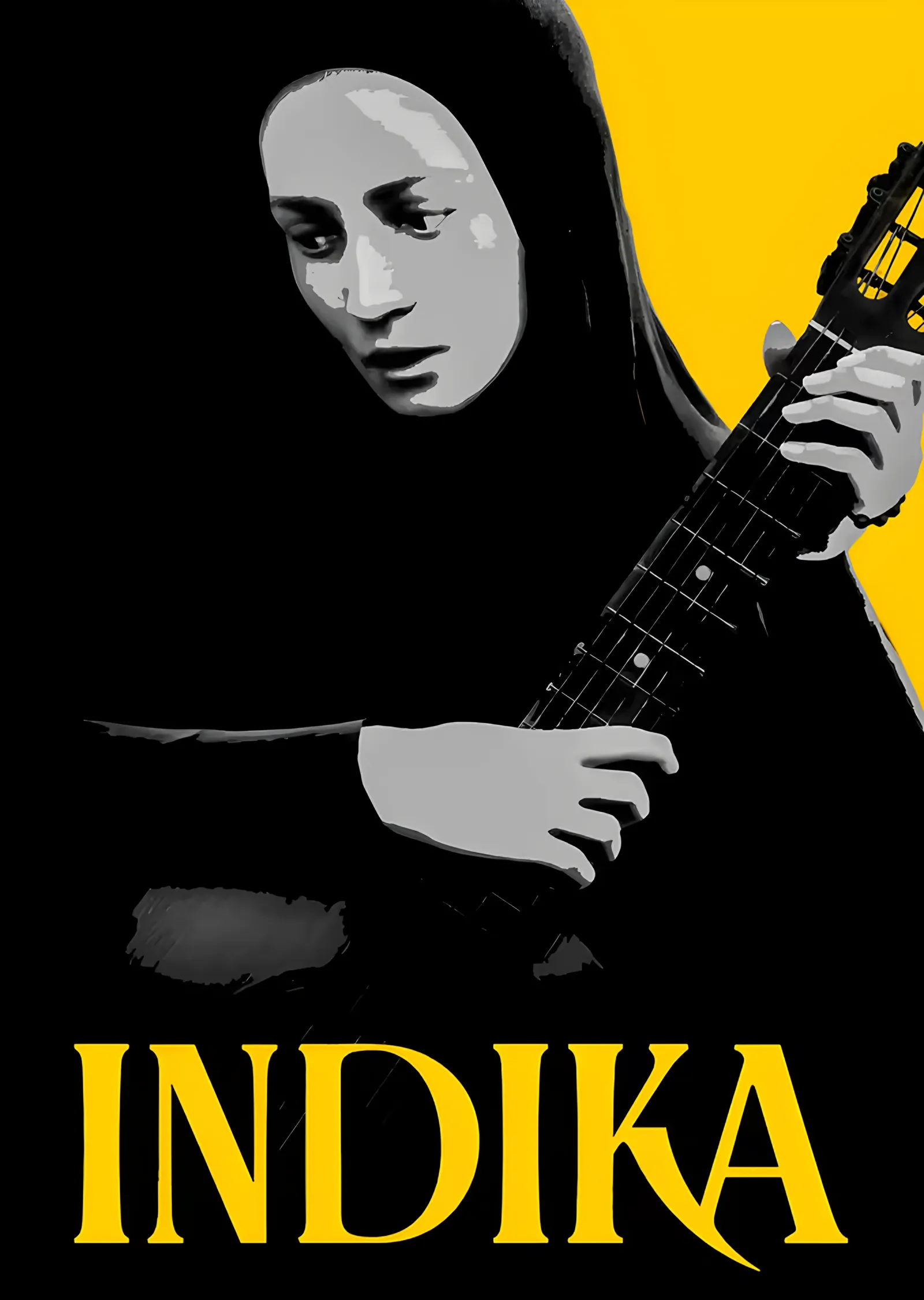 Indika: Sarı Zeminde Gitarlı Rahibe metal tablo