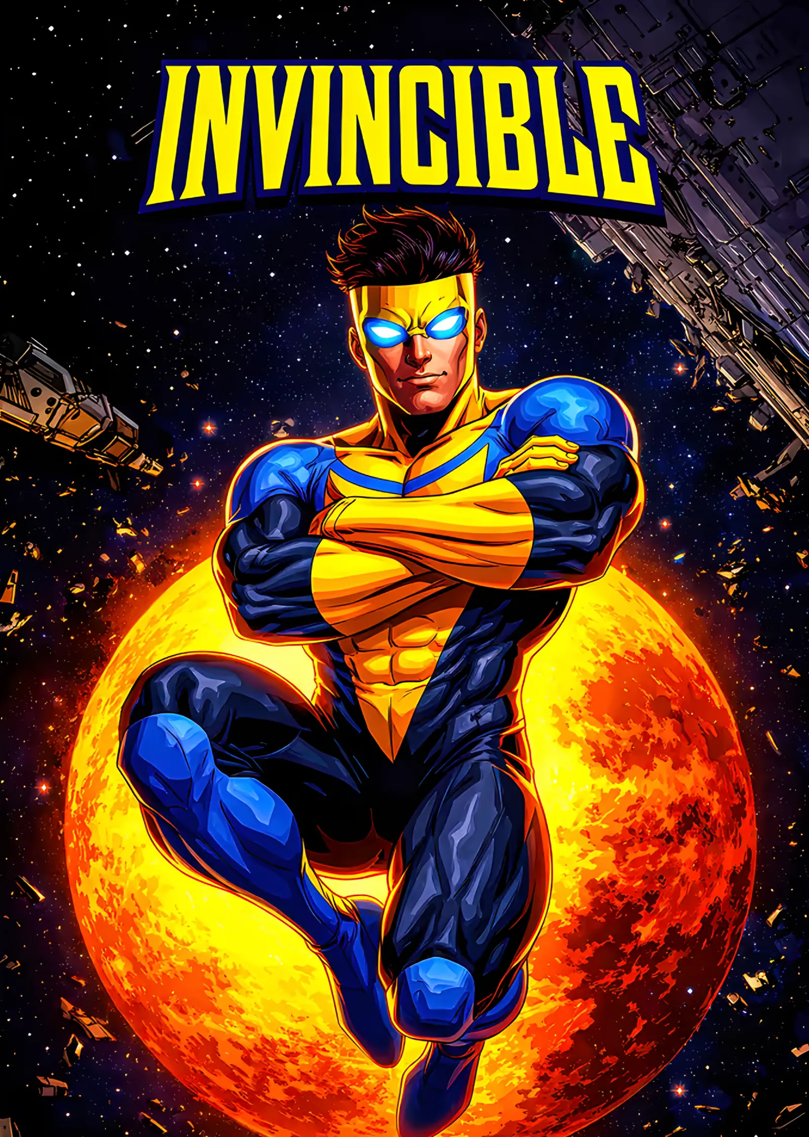 Invincible: Turuncu Gezegen Önünde Uçuş metal tablo