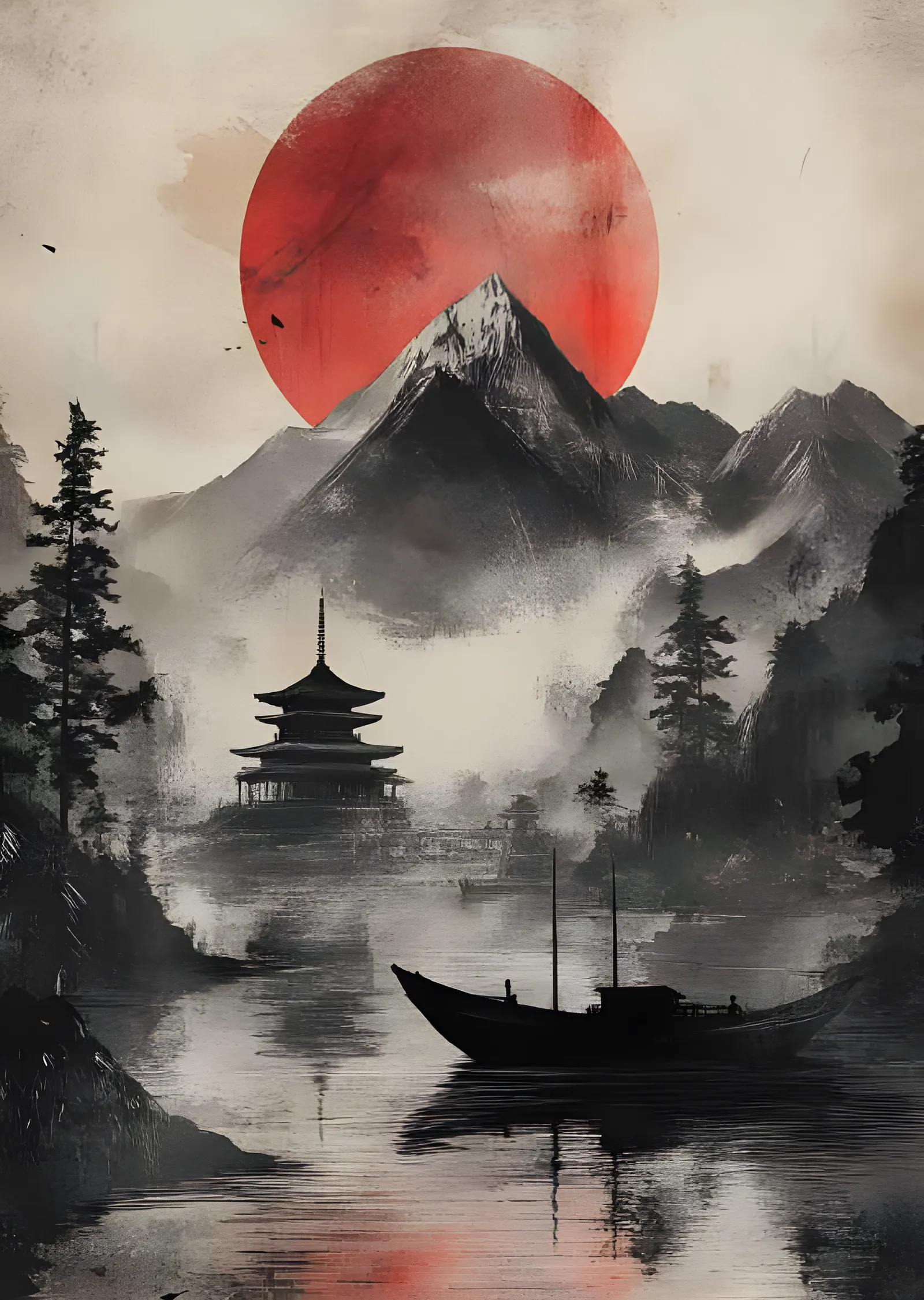 Sumi-e Manzara - Pagoda ve Kızıl Güneş metal tablo