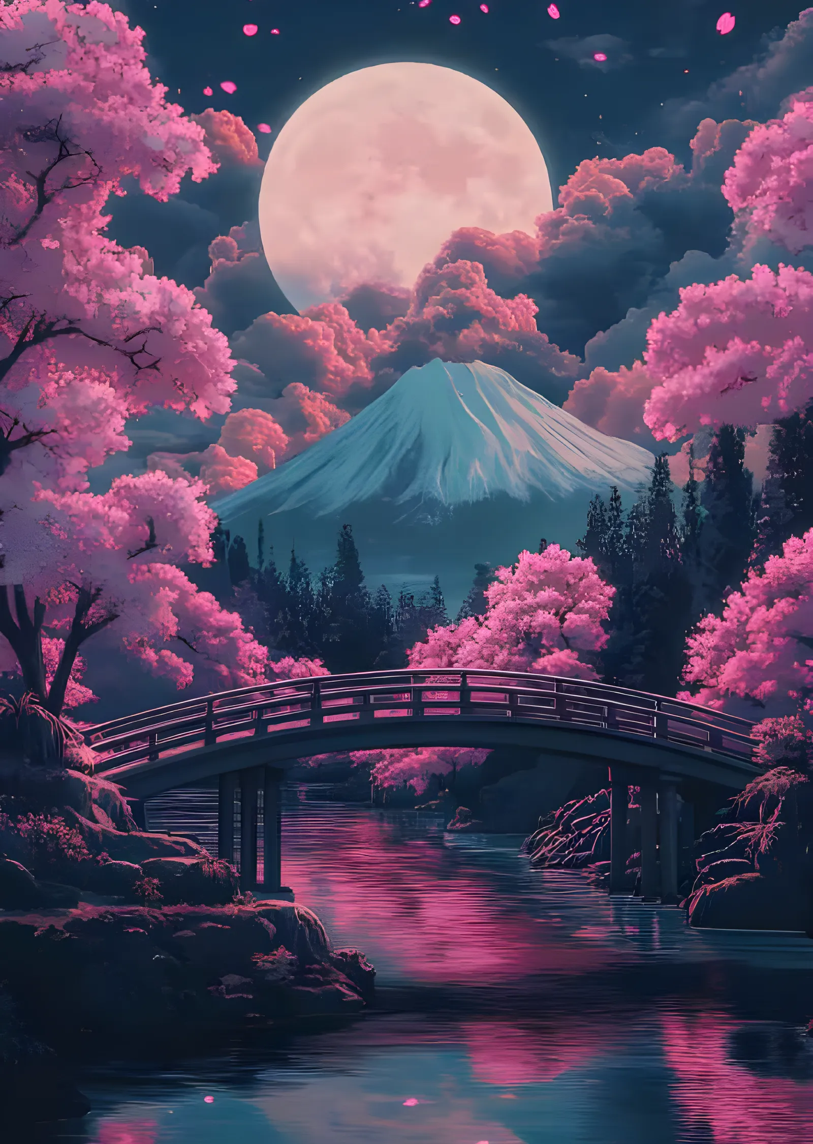 Sakura Köprüsü ve Dolunay Altında Fuji metal tablo