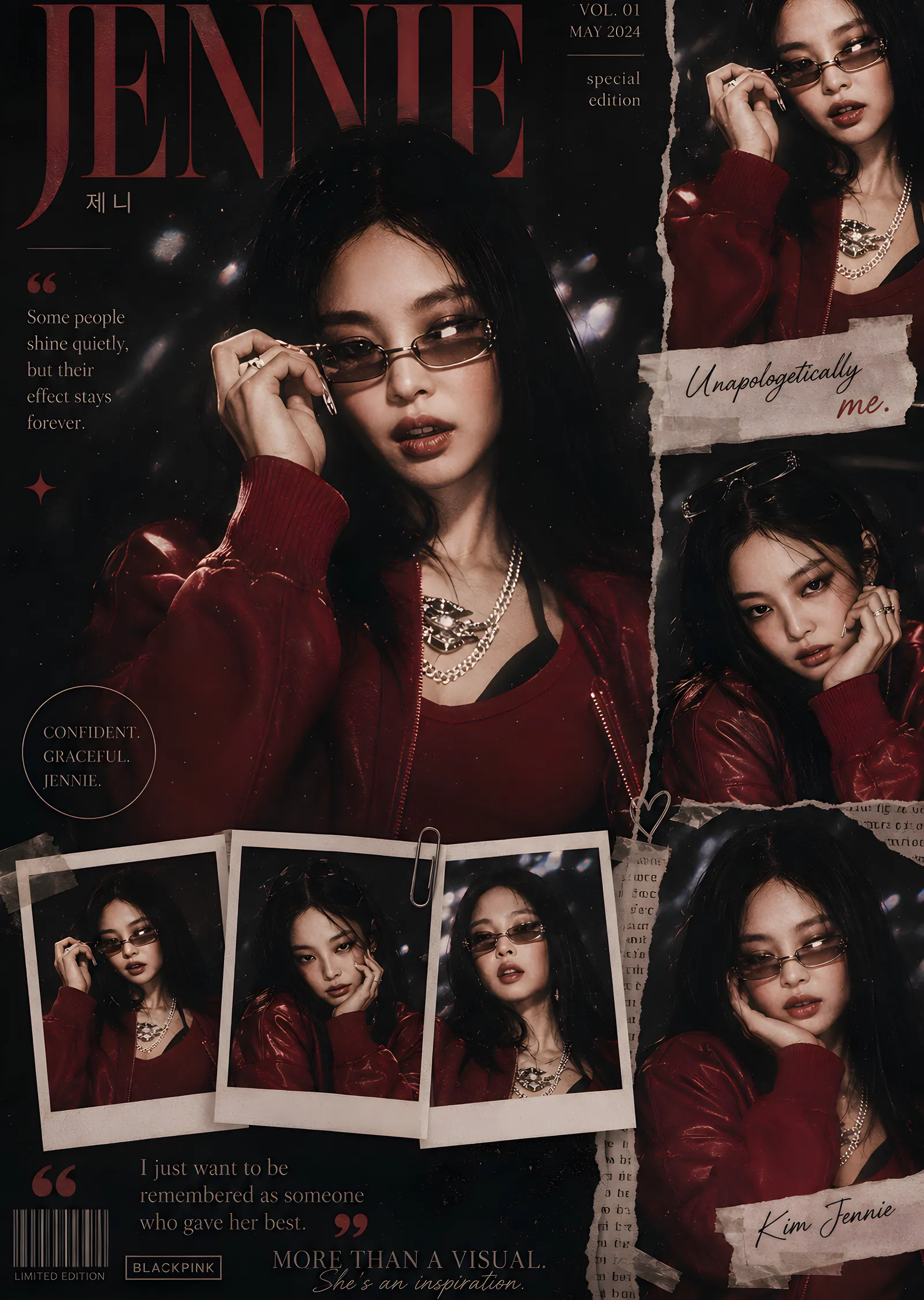 Jennie - Kırmızı Kolaj metal tablo