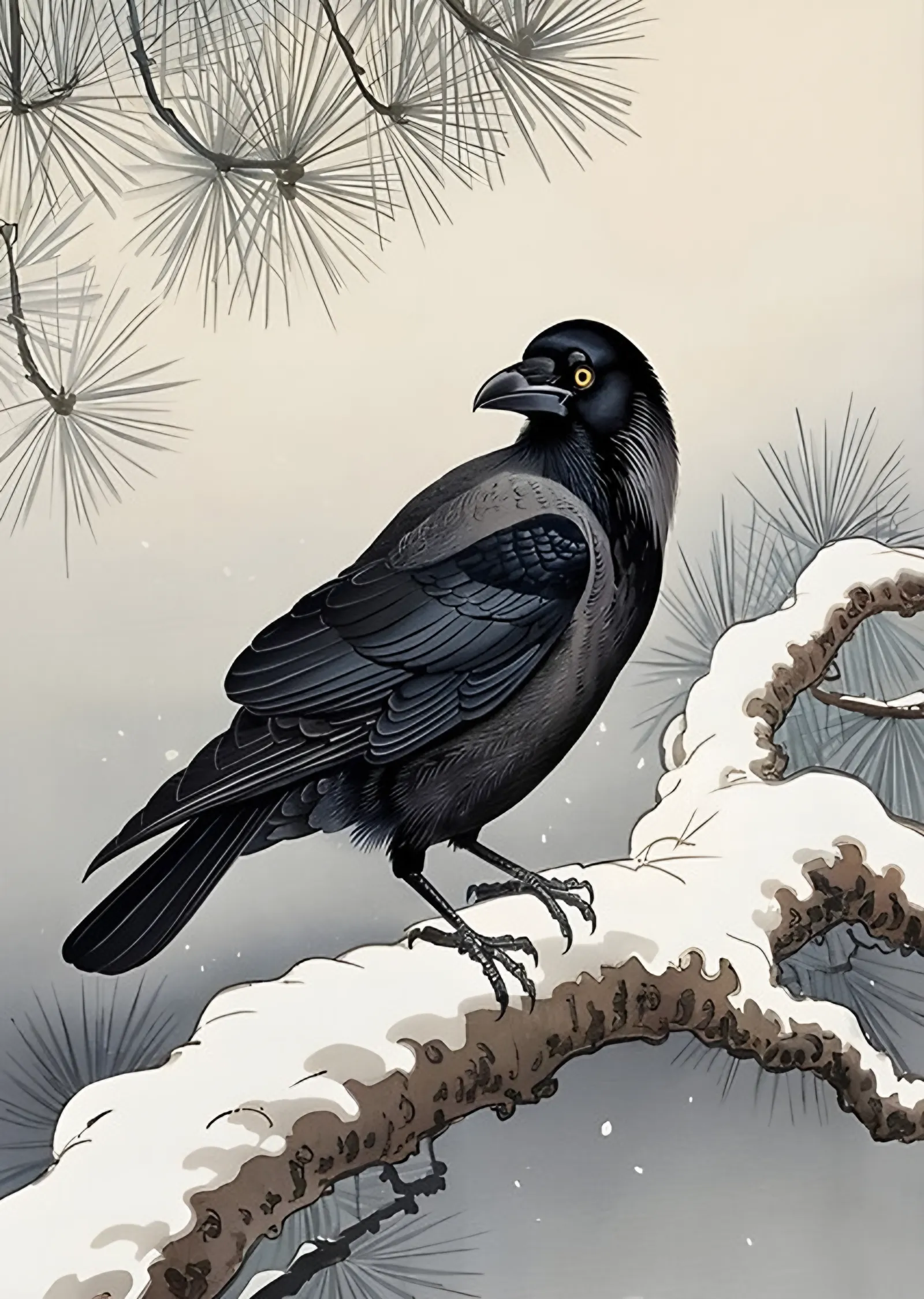 Karlı Dalda Karga - Ohara Koson metal tablo