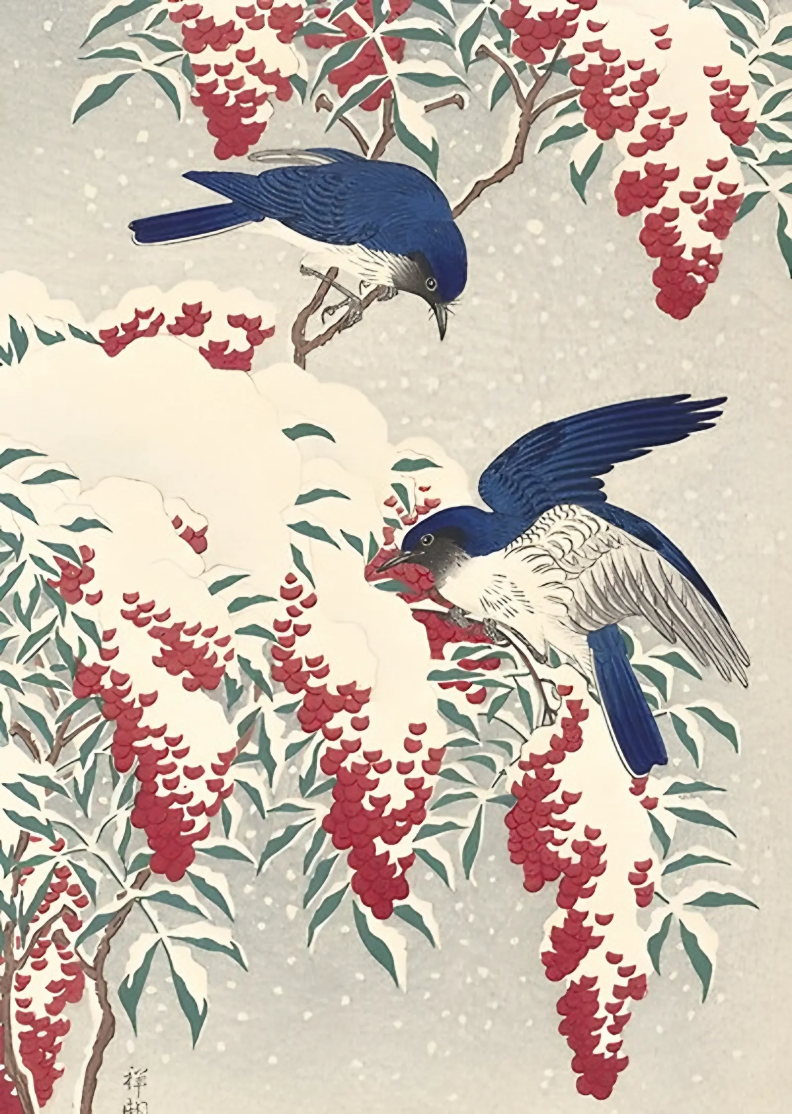 Karlı Dalda Mavi Kuşlar - Ohara Koson metal tablo