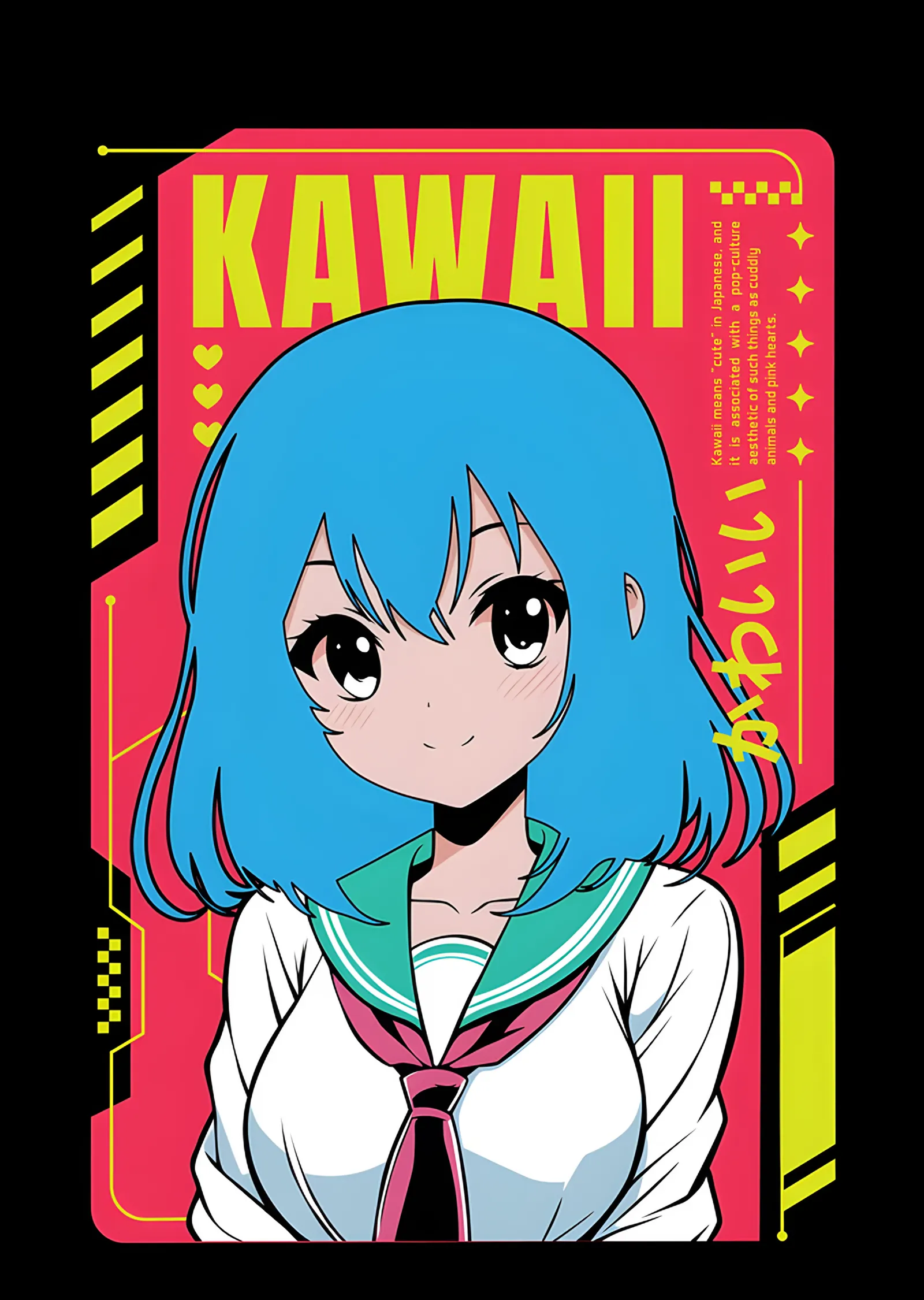 Kawaii: Pembe Kartta Mavi Saçlı Öğrenci metal tablo