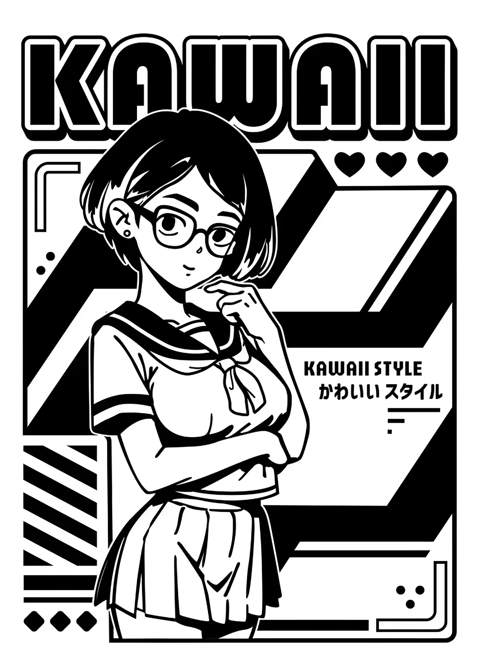 Kawaii: Siyah Beyaz Okullu Kız Grafiği metal tablo