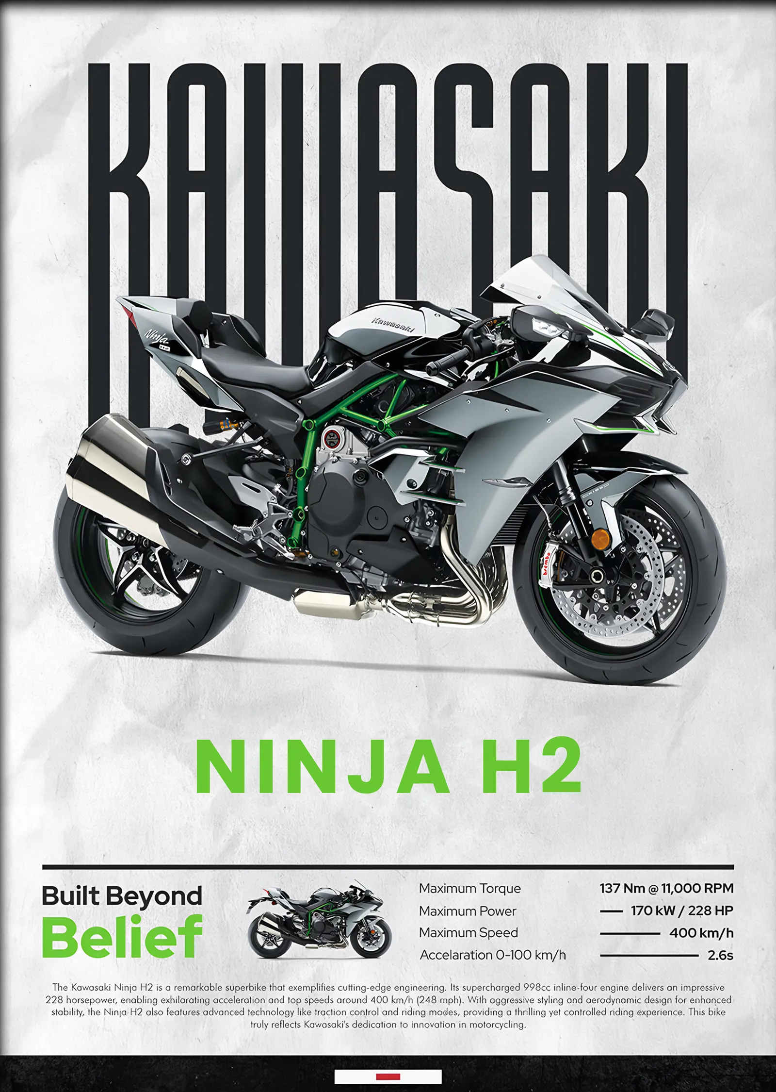 Kawasaki Ninja H2 Koyu metal tablo