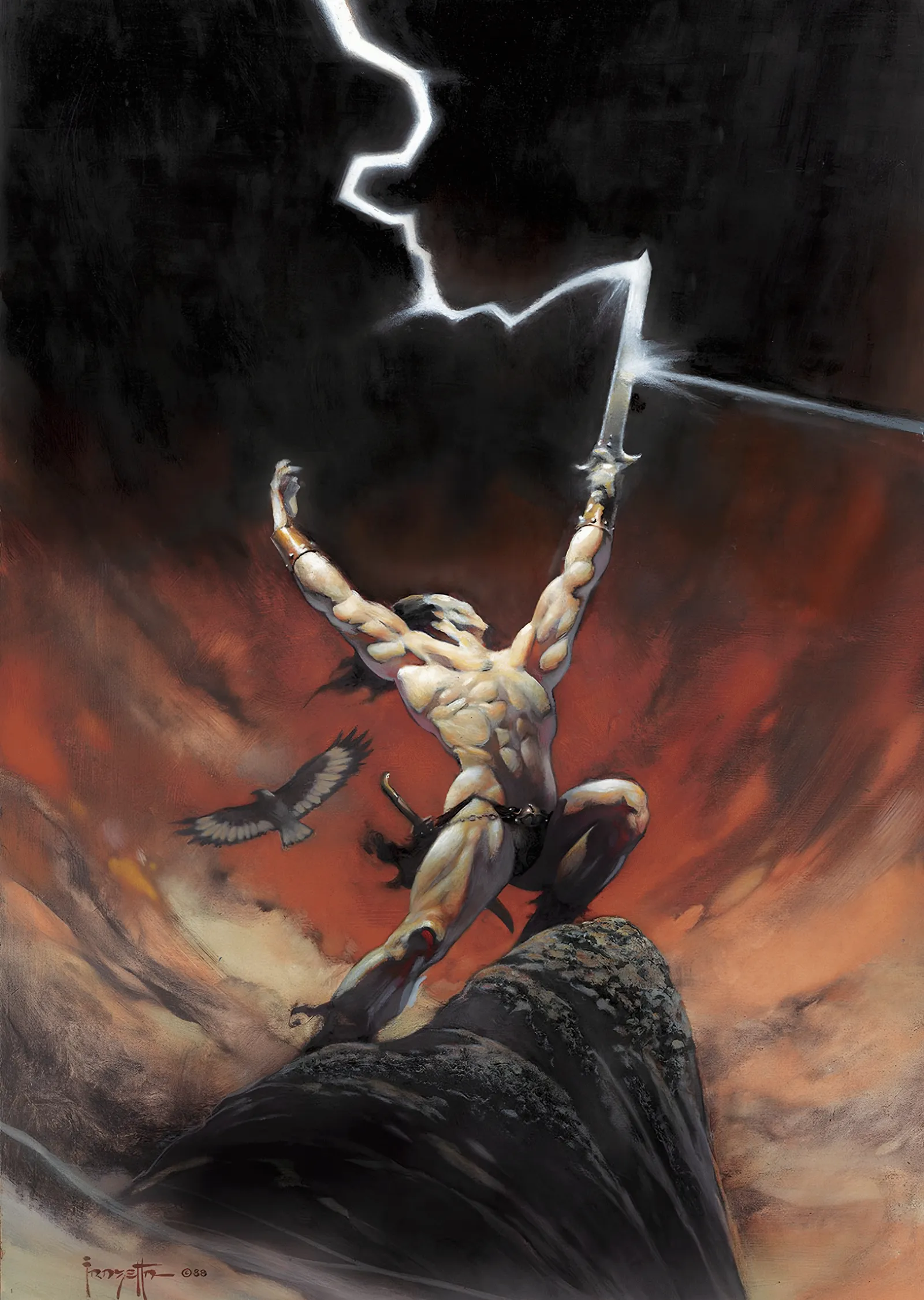 Kayalıkta Yıldırım Çağıran Savaşçı - Frank Frazetta metal tablo